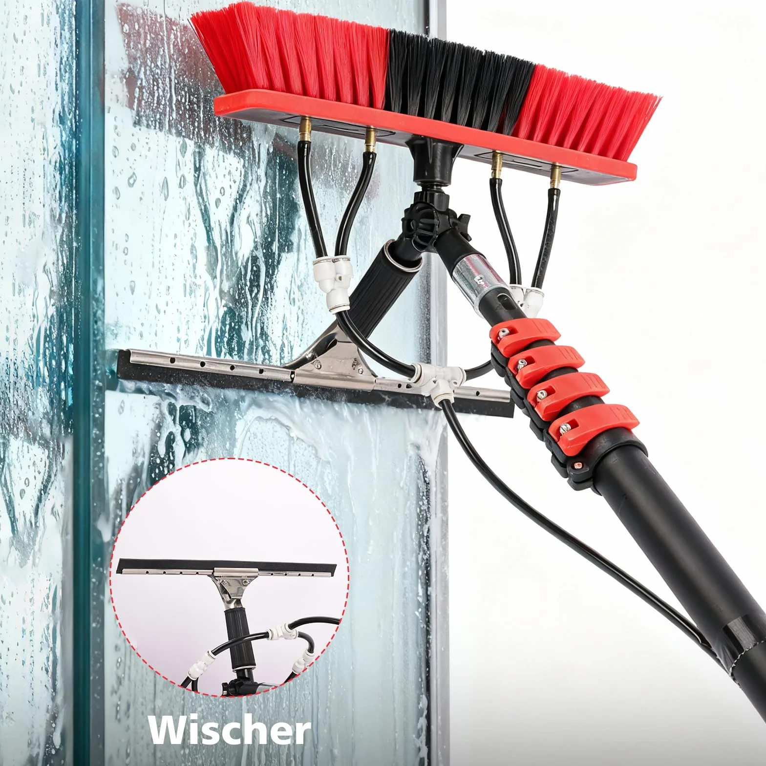 Spazzola di lavaggio telescopica 4 in 1, 7,2 m, per fotovoltaici, finestre, camper e tetti – asta telescopica e spazzola telescopica, set di pulizia con attacco dell'acqua, spazzola per la pulizia e