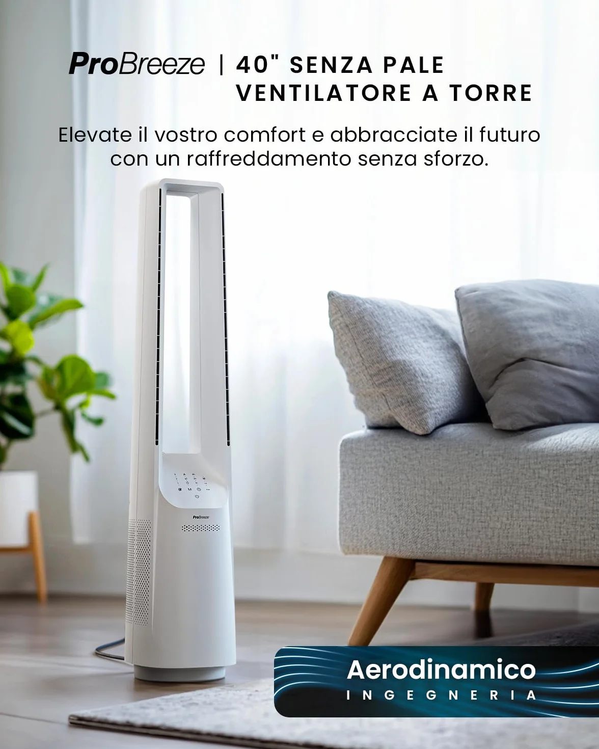 Pro Breeze Ventilatore a Torre Bianco 101 cm Senza Pale – Motore DC Ultra Silenzioso, Telecomando, Display LED, 6 Velocità, 5 Modalità, Oscillazione Automatica 60°, Timer 7h, Ideale per Casa e Camera