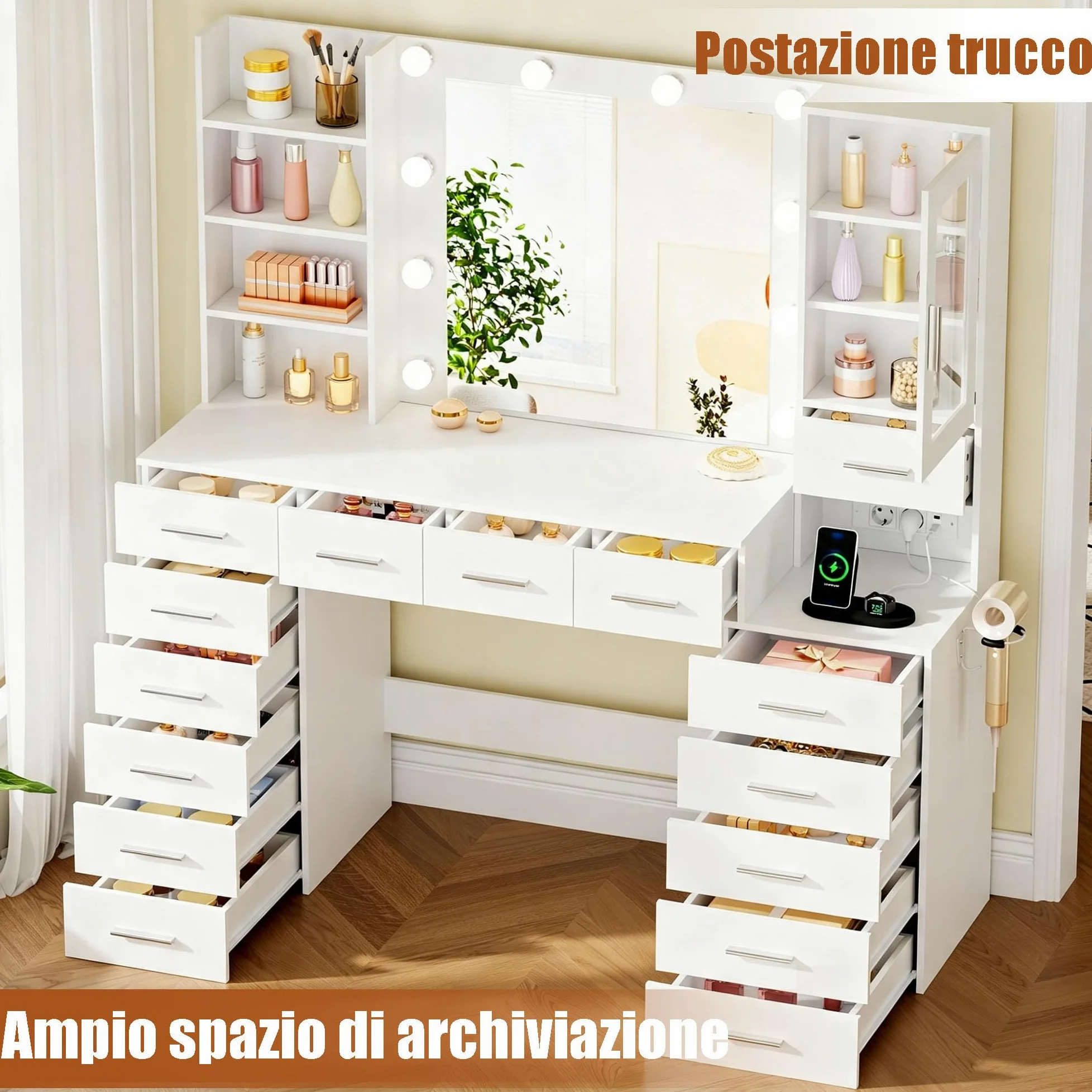 ANWBROAD Grande Toeletta con Specchio e Luci, Luminosità Regolabile, Bianco | Toeletta Trucco con Prese, Tavolo da Trucco con 15 Cassetti e 7 Ripiani Aperti per Camera da Letto Postazione Trucco BDT37W