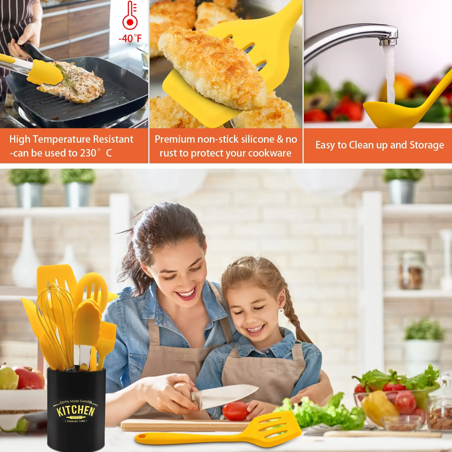 Set di utensili da cucina in silicone antiaderente con supporto in ferro, 11 pezzi (giallo)