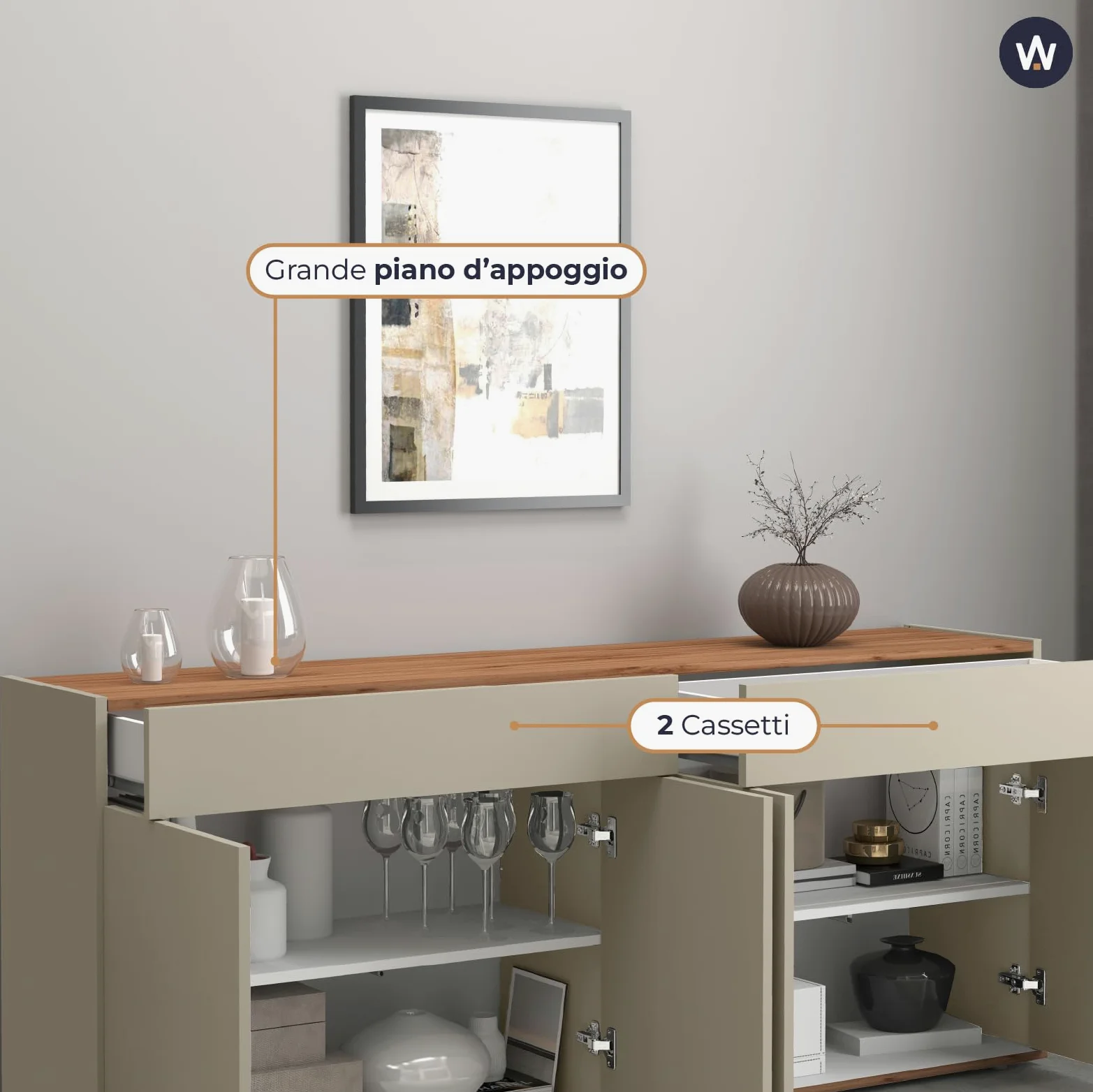 WHOUS Credenza e Buffet GARDA per Soggiorno con 2 Cassetti e 4 Ante, Madia per Salotto, Cucina e Sala da Pranzo in Legno, 160,1x35x70 cm, Tortora Opaco e Rovere