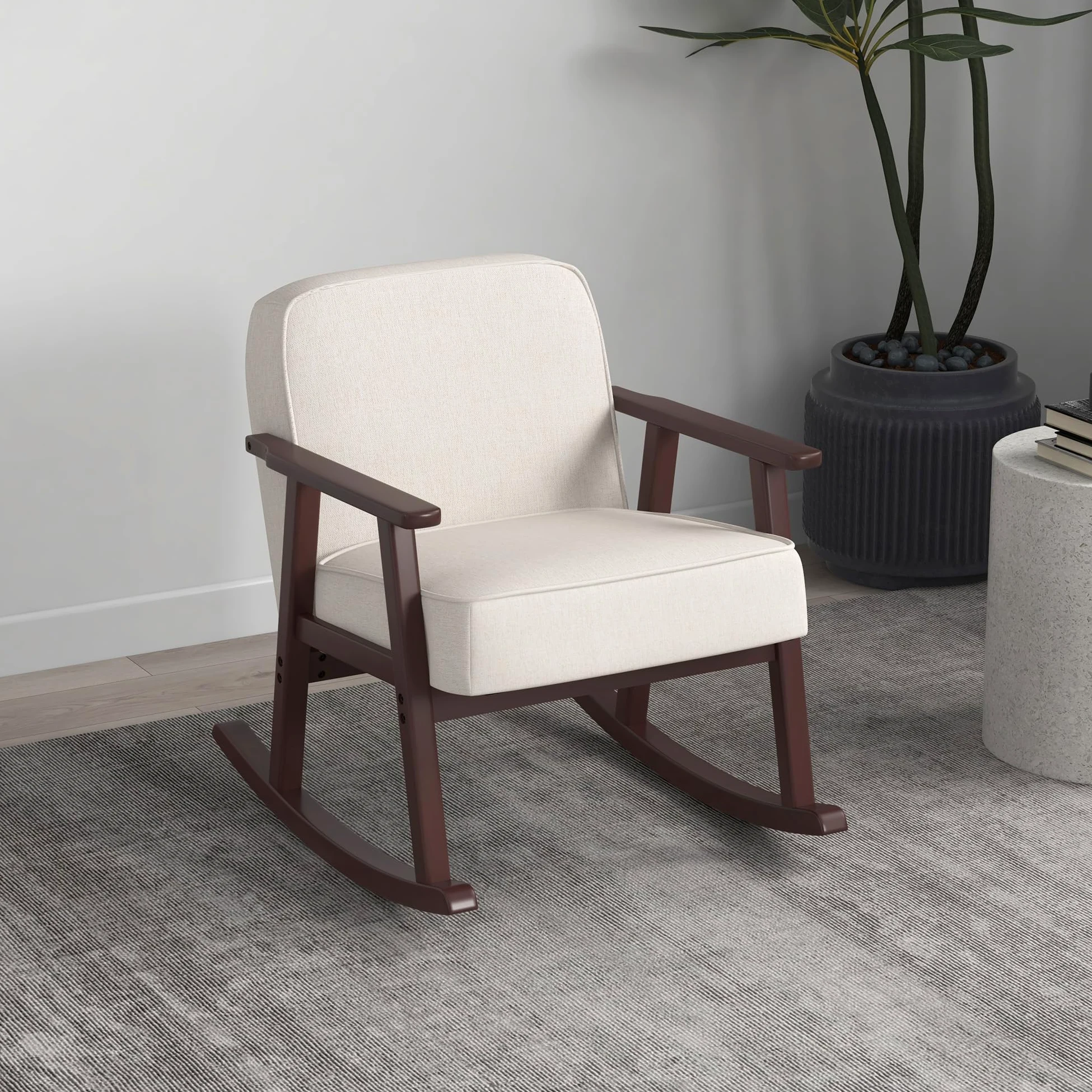 HOMCOM Poltrona a Dondolo per Interni in Tessuto Effetto Lino e Legno con Braccioli e Cuscini, 66x78x76 cm, Beige e Marrone