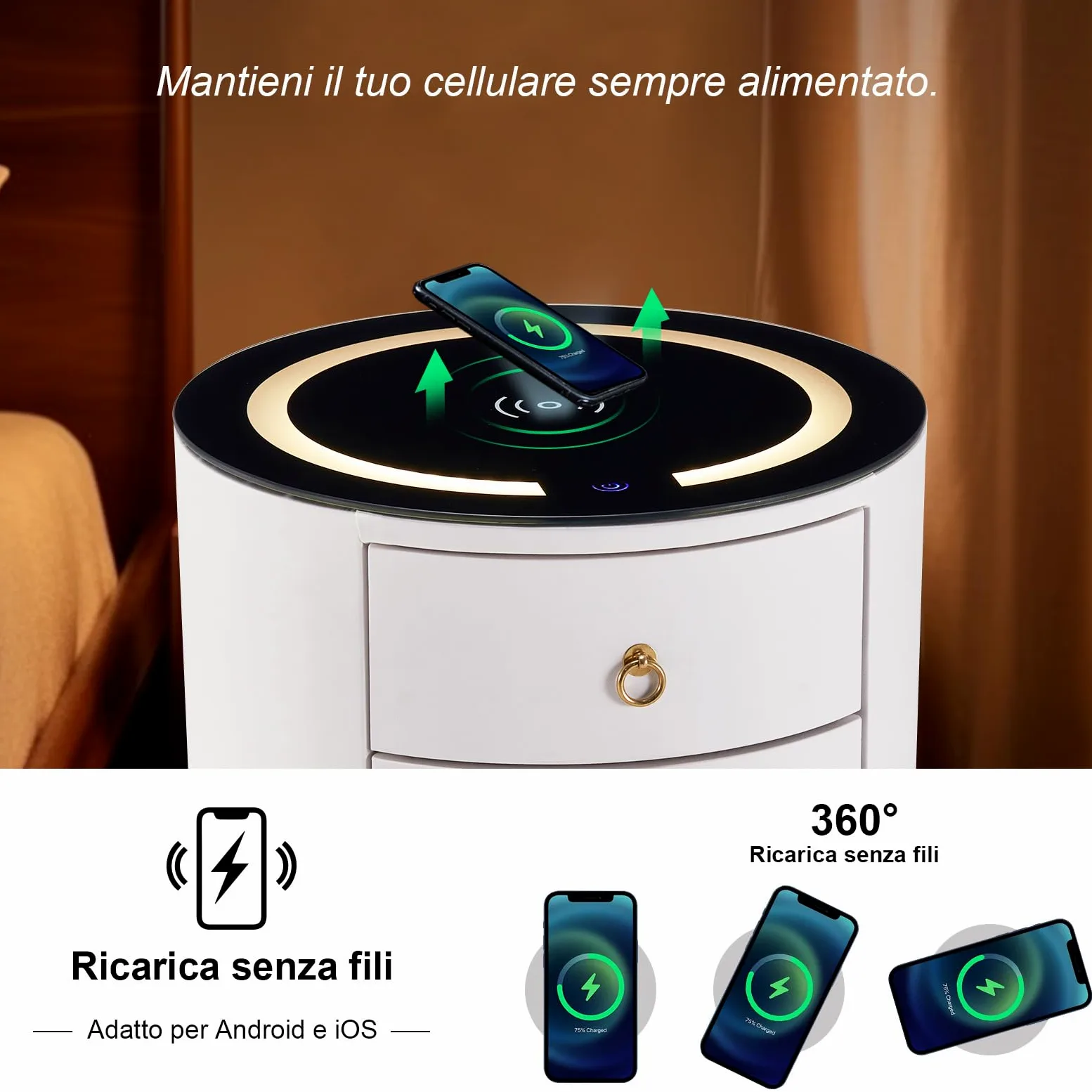 LEMROE Comodino rotondo con luce LED regolabile e stazione di ricarica wireless in vetro, Comodino intelligente con 3 cassetti, Tavolino da camera da letto (1, Bianco)
