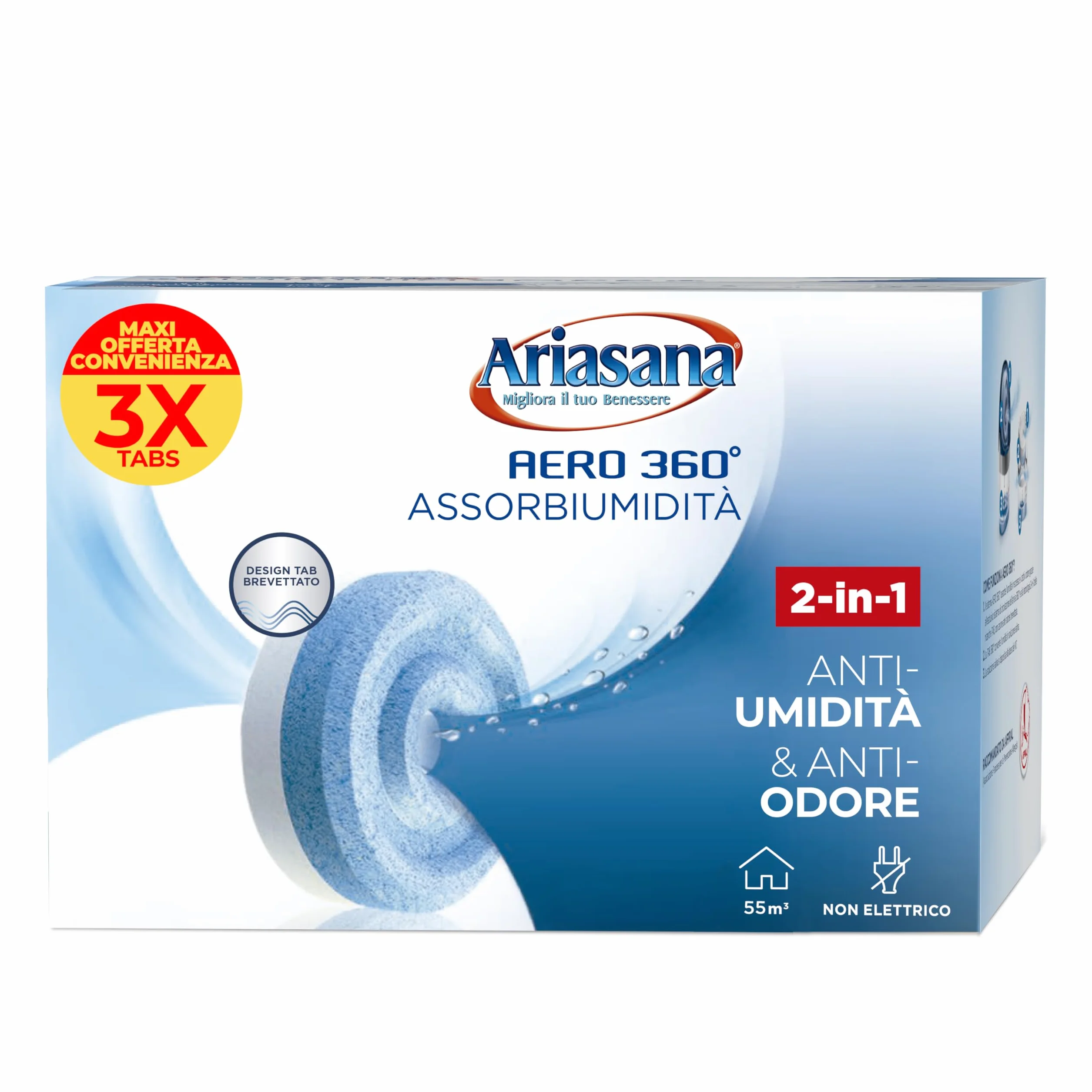 Ariasana Aero 360 Tab Inodore Tripack, Ariasana Aero 360° Ricarica per Dispositivi con Capacità ≥ 450g, Assorbi Umidità in Tab, Ricarica Tab contro i Cattivi Odori, 1 Confezione da 3 Tab da 450g