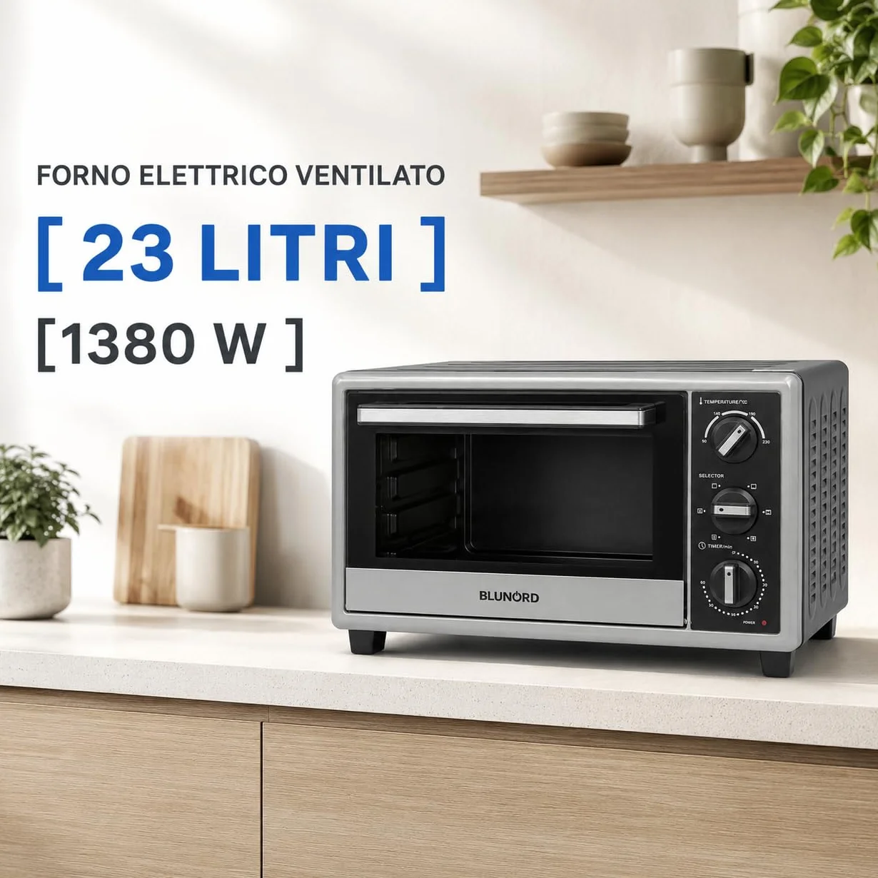 Blunord Bluf23prof Forno Elettrico Professionale 23L 1380W Ventilato Grill Timer Termostato Regolabile Easy Clean Nero Lucido