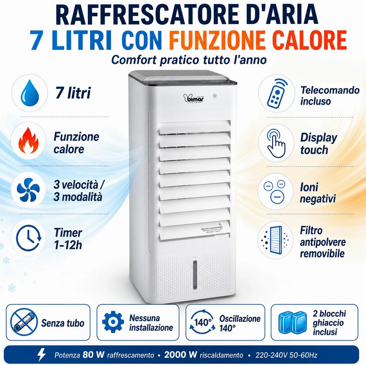 Bimar INB-VR508 Raffrescatore d’Aria Evaporativo 7 Litri con Funzione Calore, Telecomando, Timer 1-12h, 3 Velocità, Display Touch, Ionizzatore, Filtro Removibile, 2 Blocchi Ghiaccio Inclusi