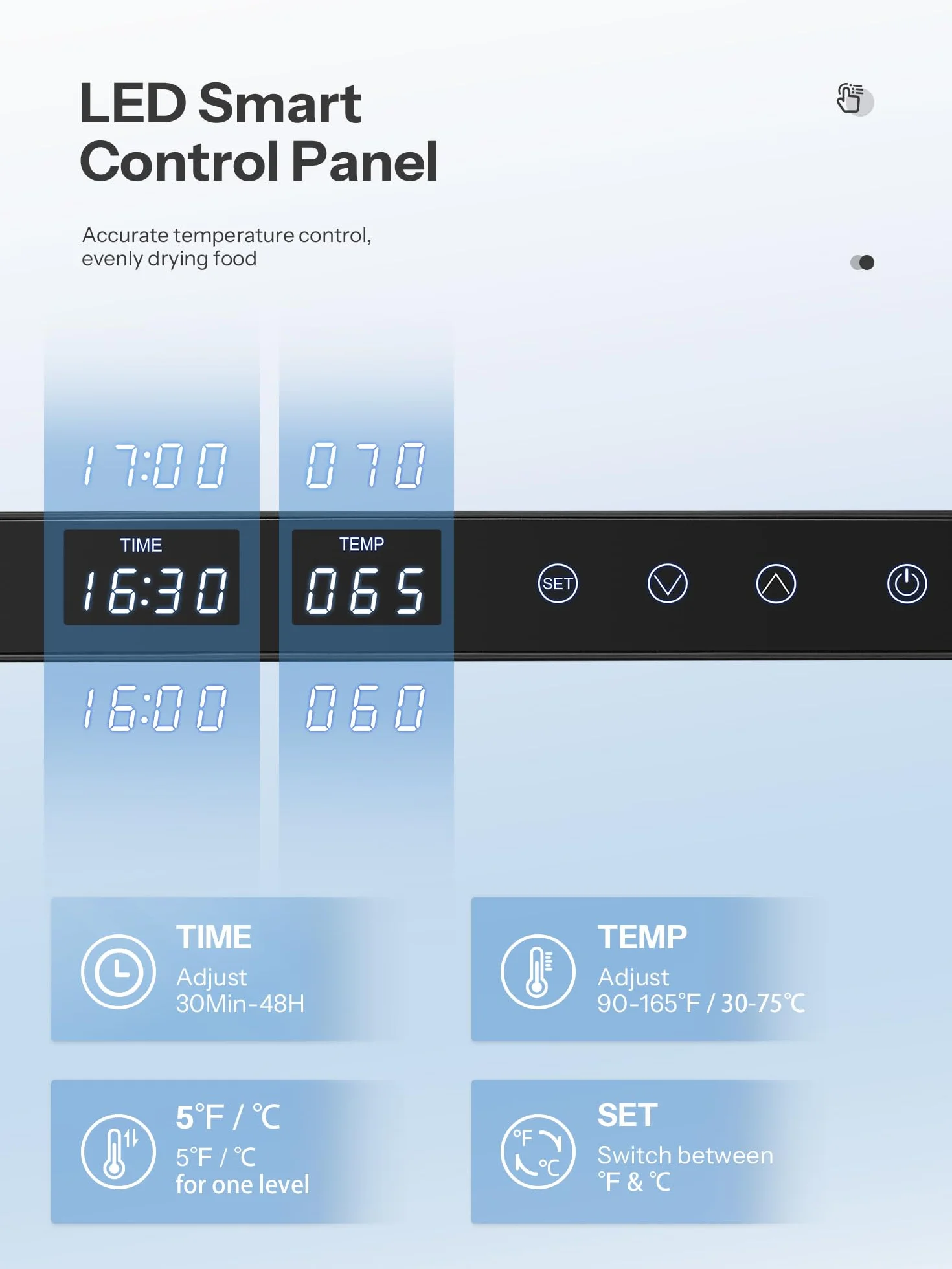 Essiccatore per alimenti in acciaio inox 1000W, controllo digitale, 9 vassoi, superficie 0,8 m², temperatura 30–75°C, timer 30 min–48h, display LCD touch