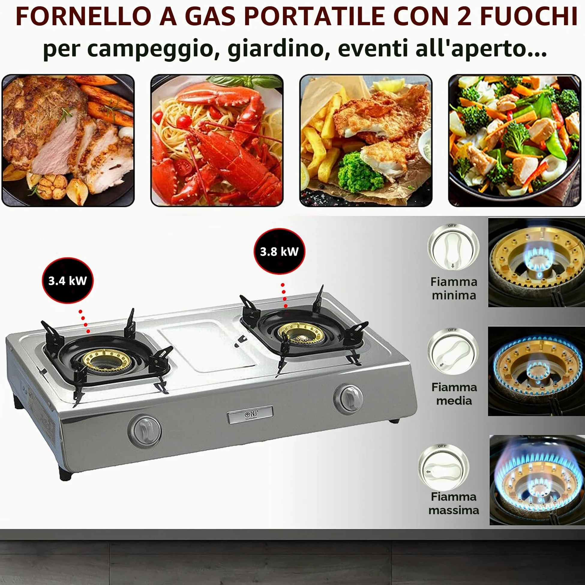 NJ NGB-200 Fornello a Gas Portatile 2 Fuochi Inox per Campeggio