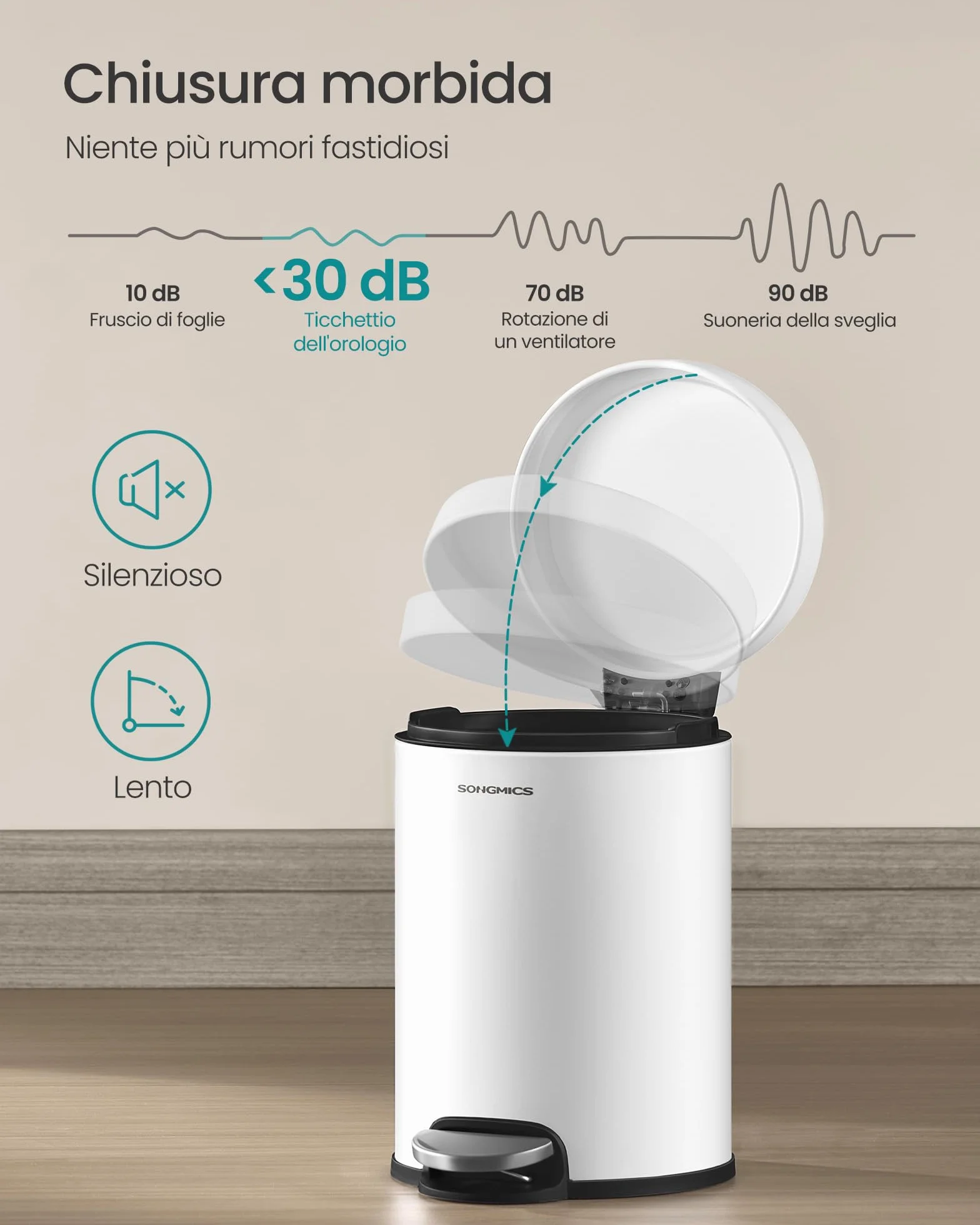SONGMICS Cestino da Bagno a Pedale 6 L Acciaio Coperchio Chiusura Morbida Secchio Interno Bianco Nuvola