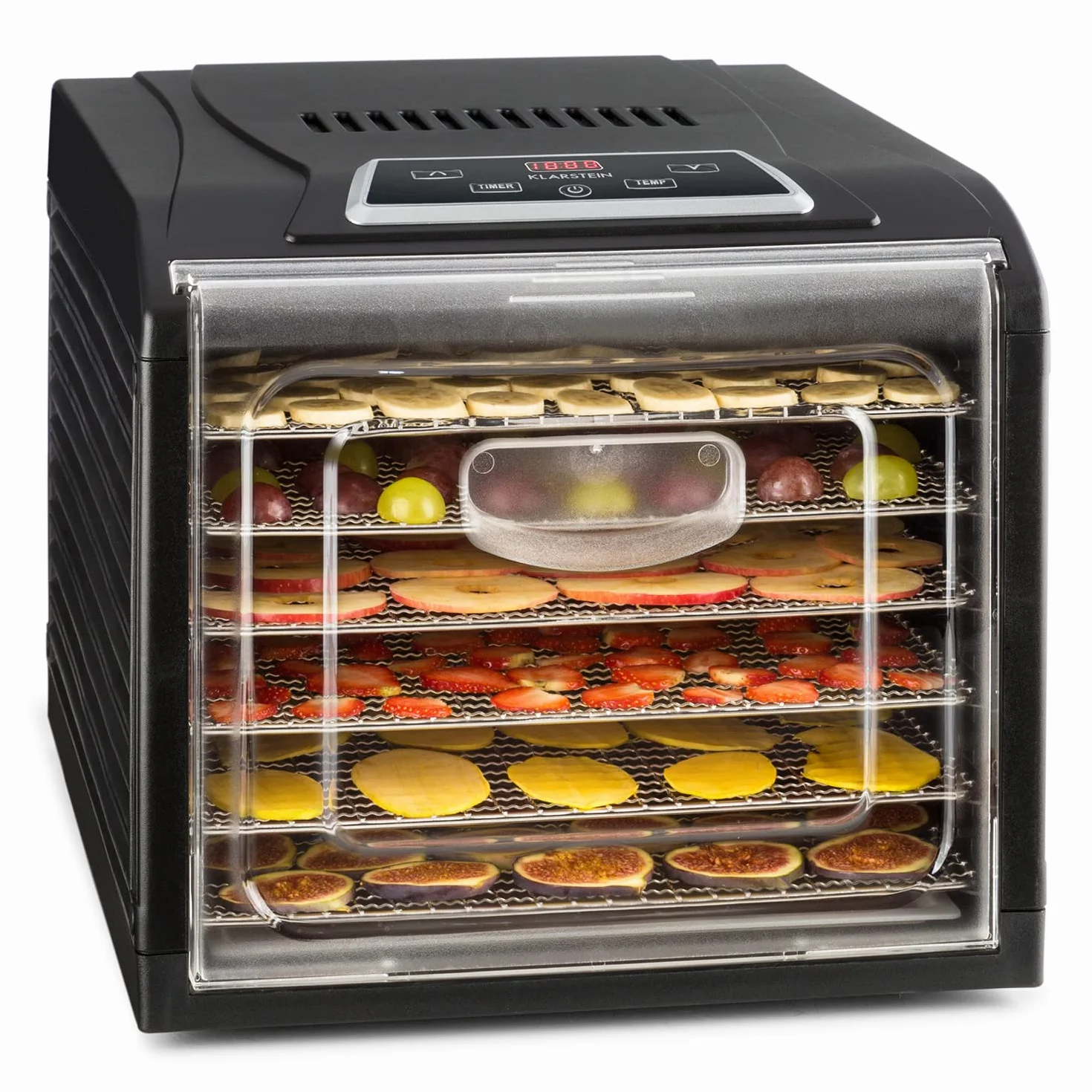 Klarstein Fruit Jerky Plus - Essiccatore Alimentare, Essicatore Alimenti, Frutta, Carne, Verdura, Temperatura Regolabile 35-70 °C, Rivestimento Antiaderente, 420-500 Watt, 6 Ripiani, Nero