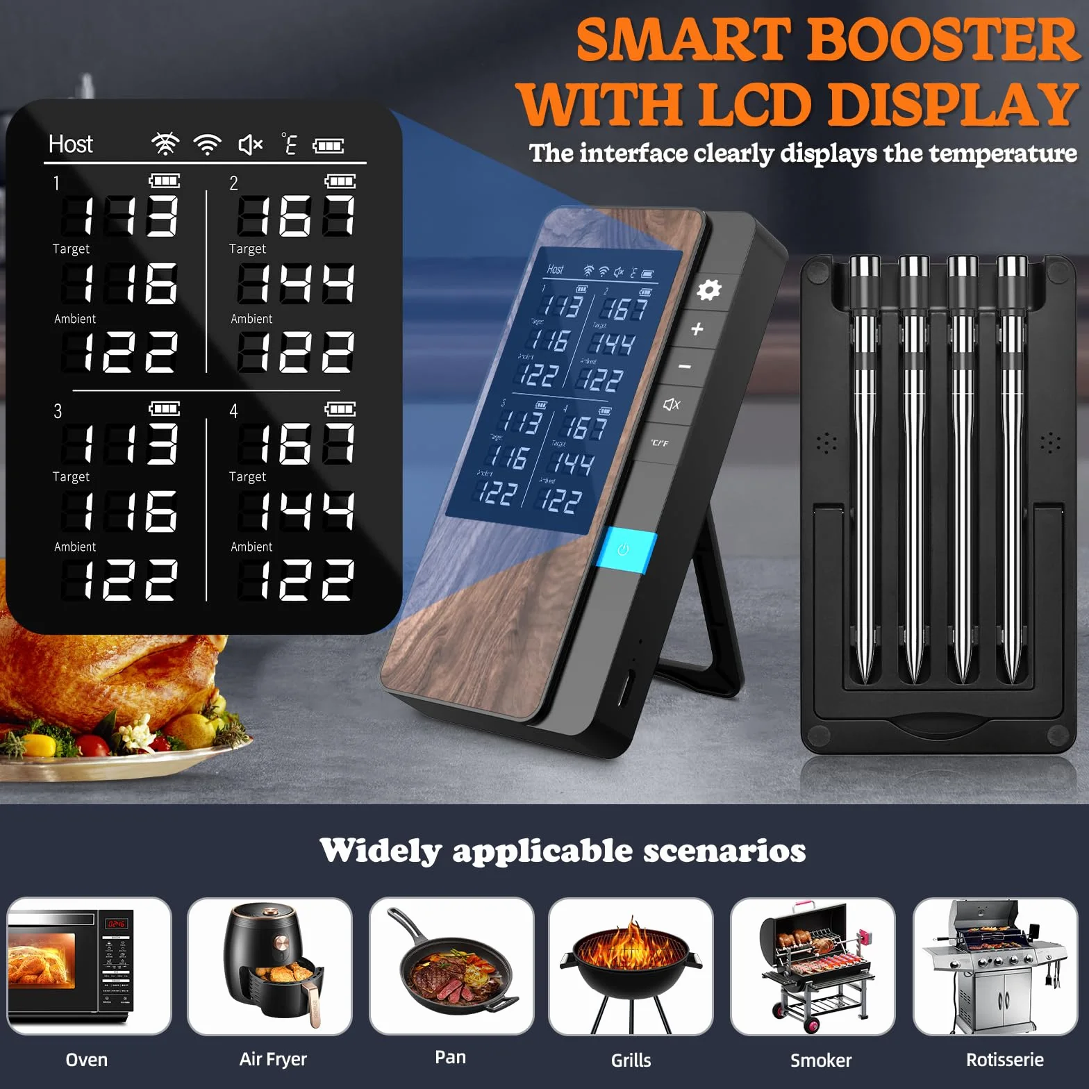 Termometro Carne Confezione da 4, Termometro BBQ con APP, IP67 Impermeabile Termometro Carne Wireless per Barbecue, Forno, Griglia, Cucina, Girarrosto
