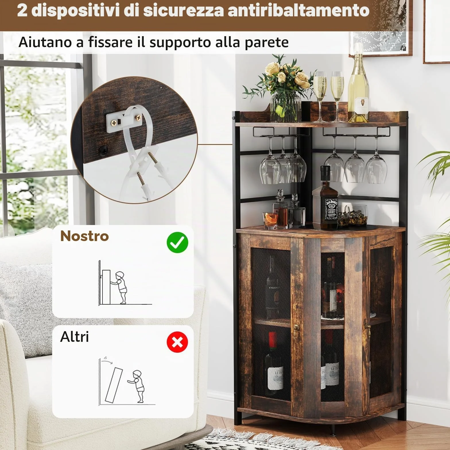 GIANTEX Armadietto Angolare Industriale Da Bar Con Supporto In Vetro, Armadietto Da Vino Con Ripiano Regolabile, Portabottiglie Vino Da Cucina Con Protezione, 130x47,5x47,5 cm (Marrone)