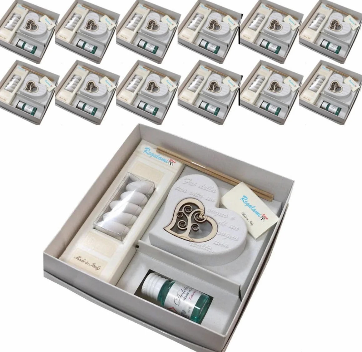 Regalami.shop 12 bomboniere profumatore in marmo di carrara e legno naturale con scatola, nasctro, bigliettino, portaconfetti ed essenza alla lavanda (set 12)