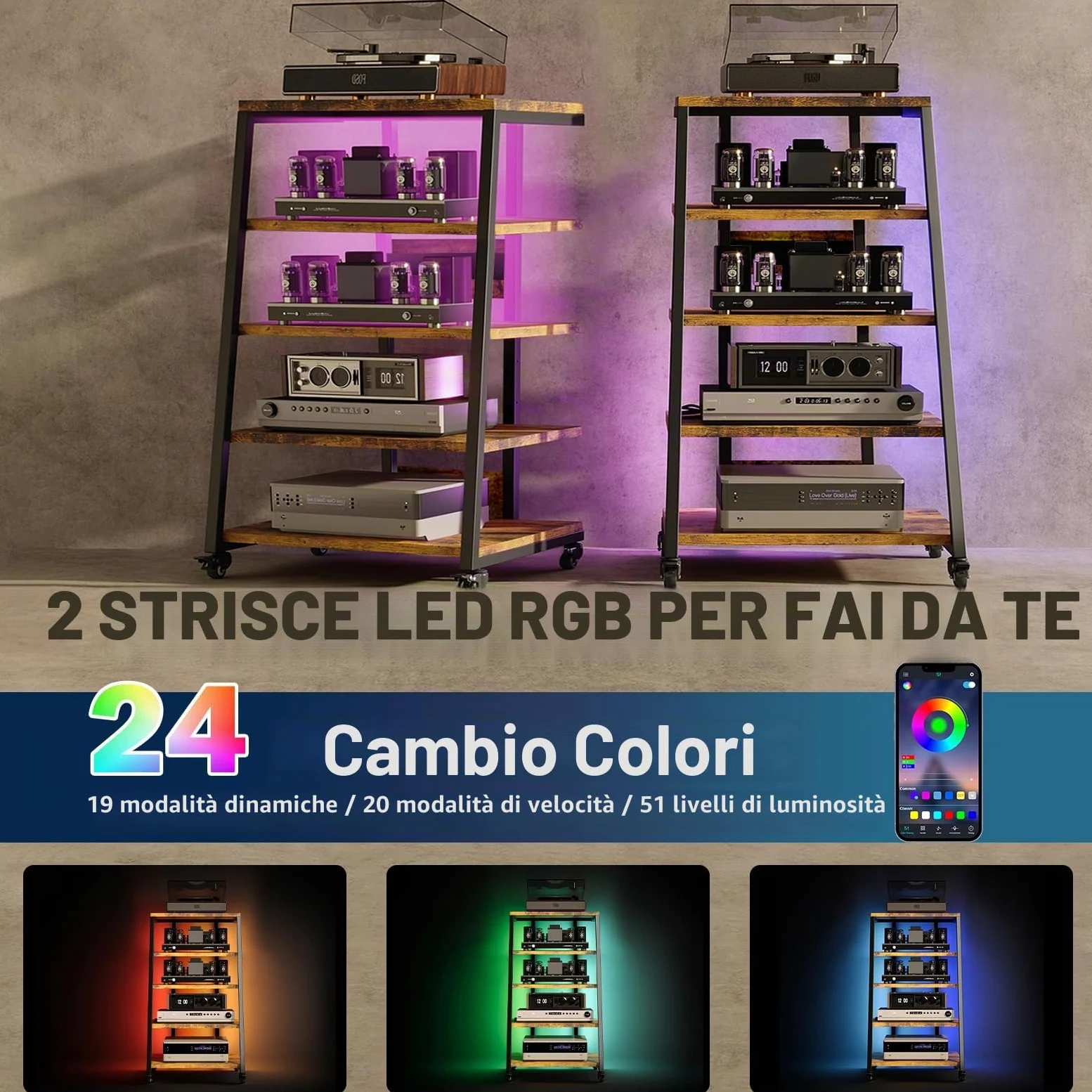 HiFi Rack a 5 livelli con ruote, giradischi, tavolo con ciabattine, luci a LED, ripiano regolabile in legno, supporto multimediale HiFi per impianto audio, impianto stereo, 60 x 52 x 110 cm
