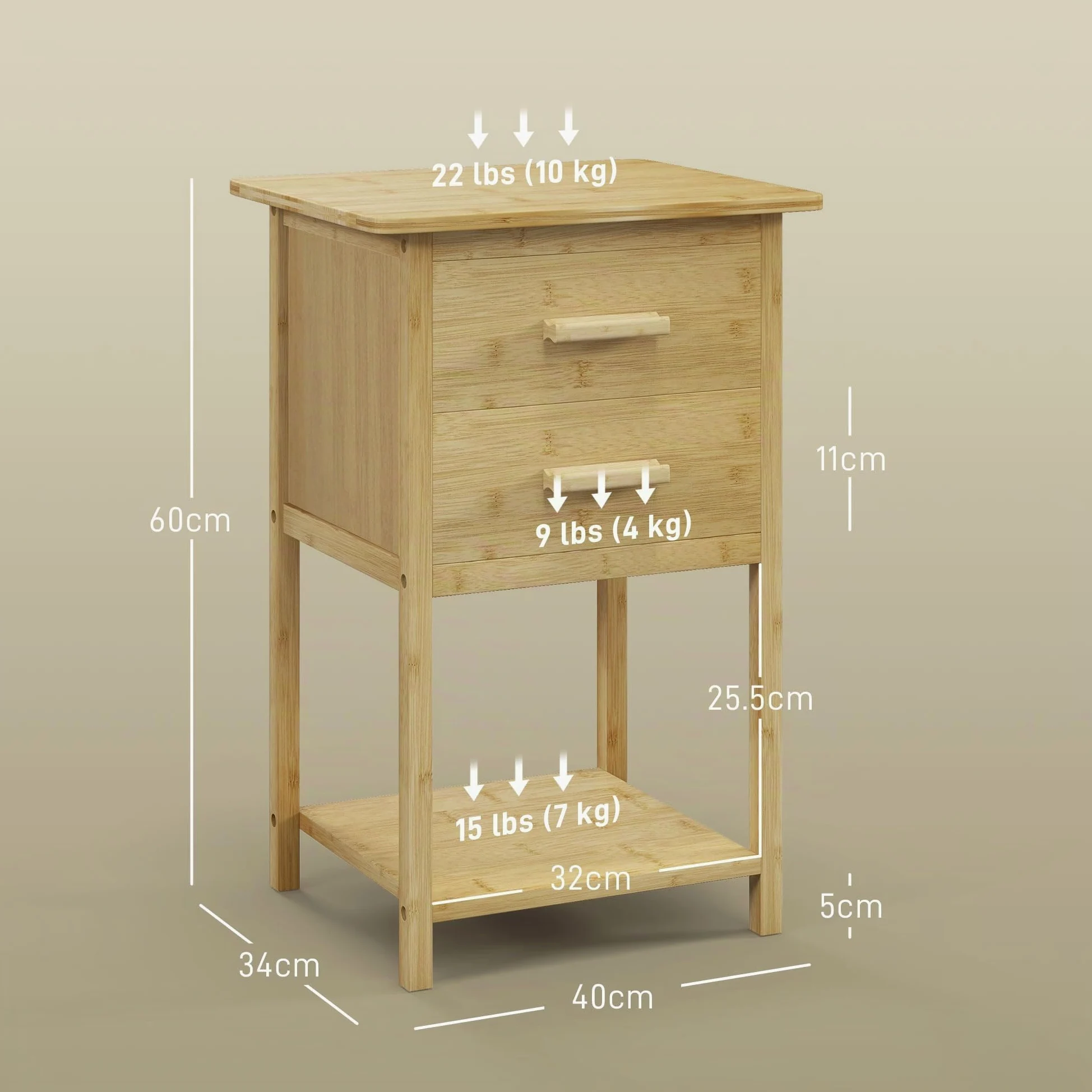 HOMCOM Set 2 Comodini con 2 Cassetti e Ripiano, 40x34x60 cm, Color Legno | Ripiano Inferiore, Stile Nordico, Comodini Moderni in Bambù