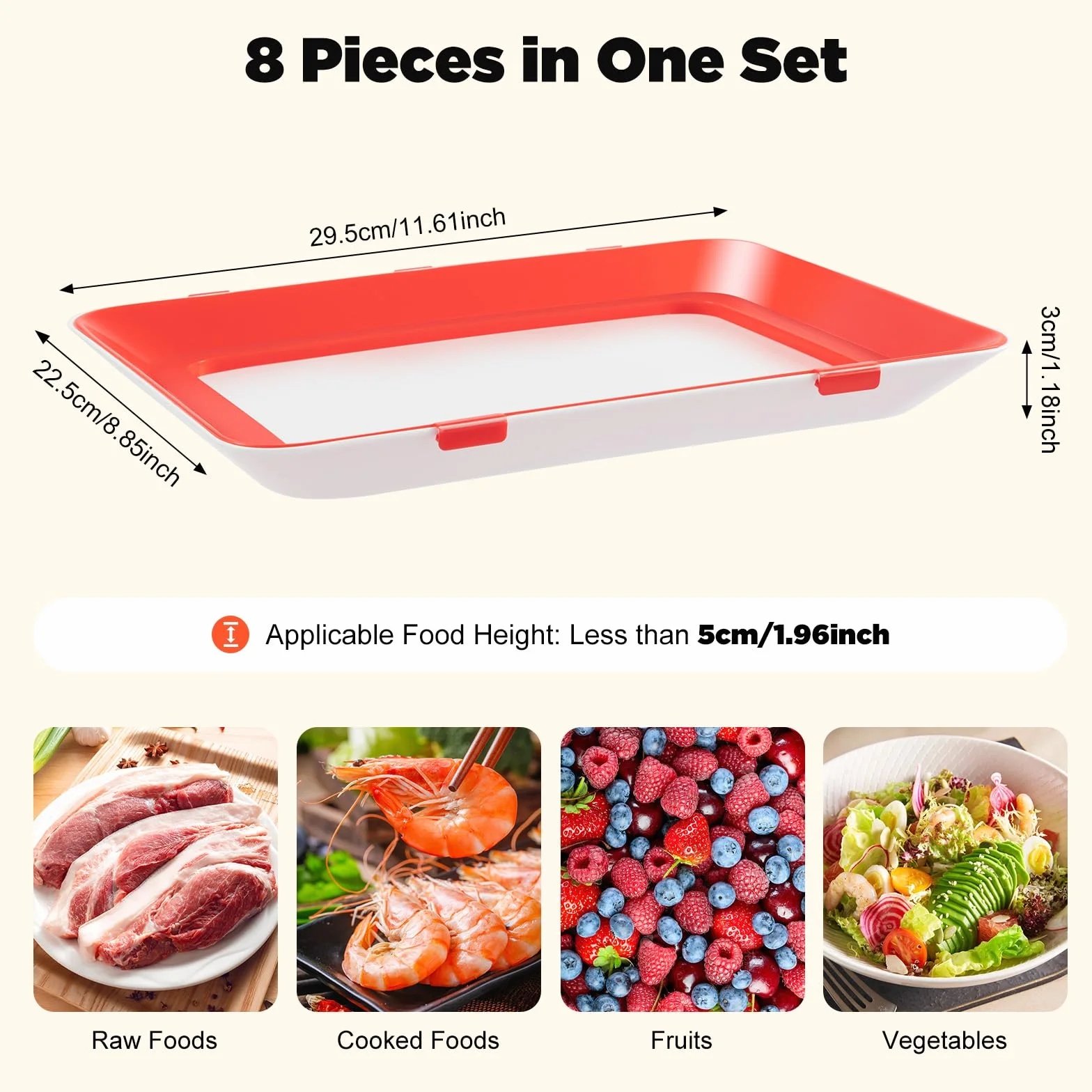 Vassoio sottovuoto per conserve, 8 pezzi, con pellicola, per frigorifero | 8 pezzi, materiale PP, pellicola salvafreschezza, impilabili, riutilizzabili, 30 x 22 x 3 cm