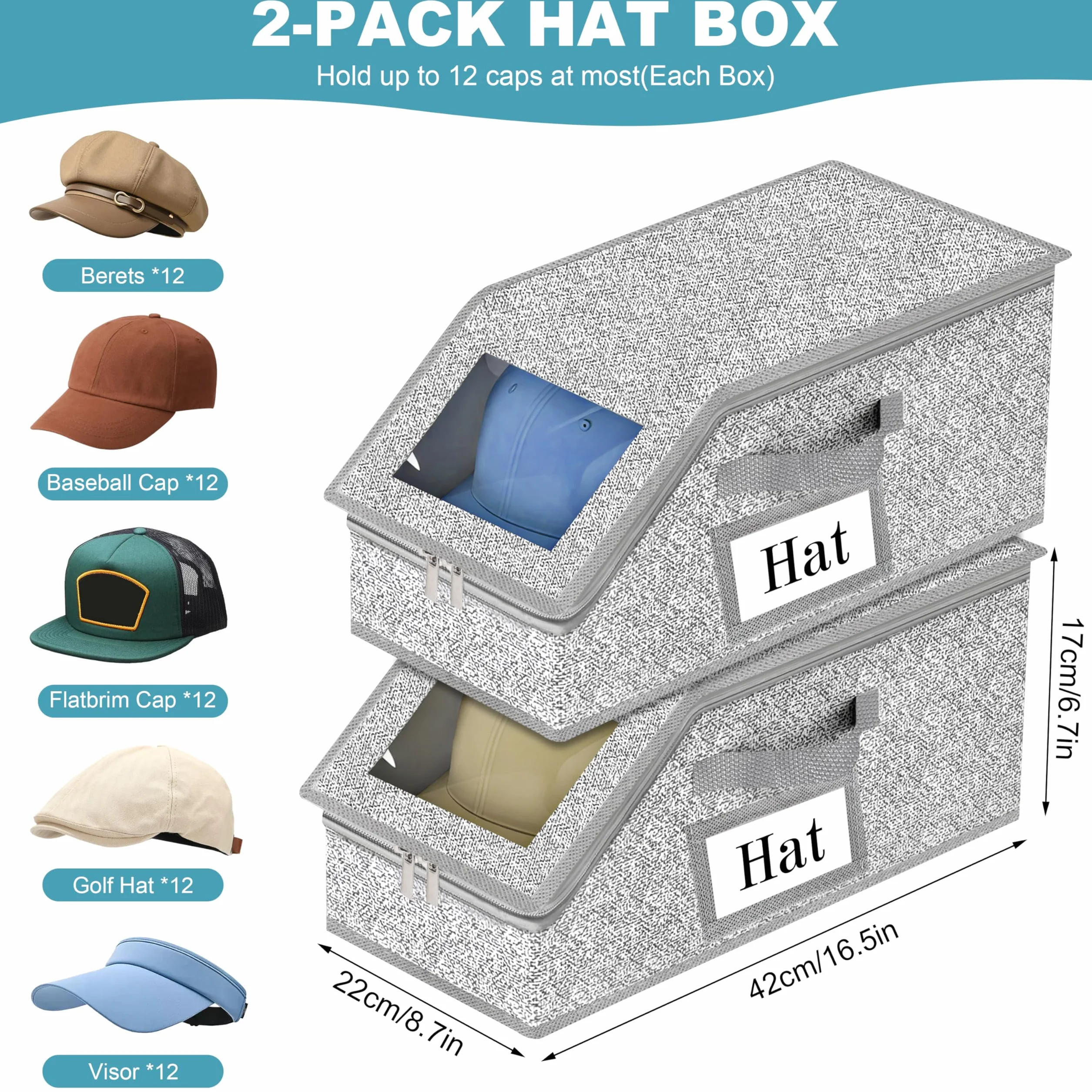 Organizzatore Porta Cappelli Pieghevole Anti-Polvere Grande Capacità con Chiusura a Zip 2 Pezzi Grigio