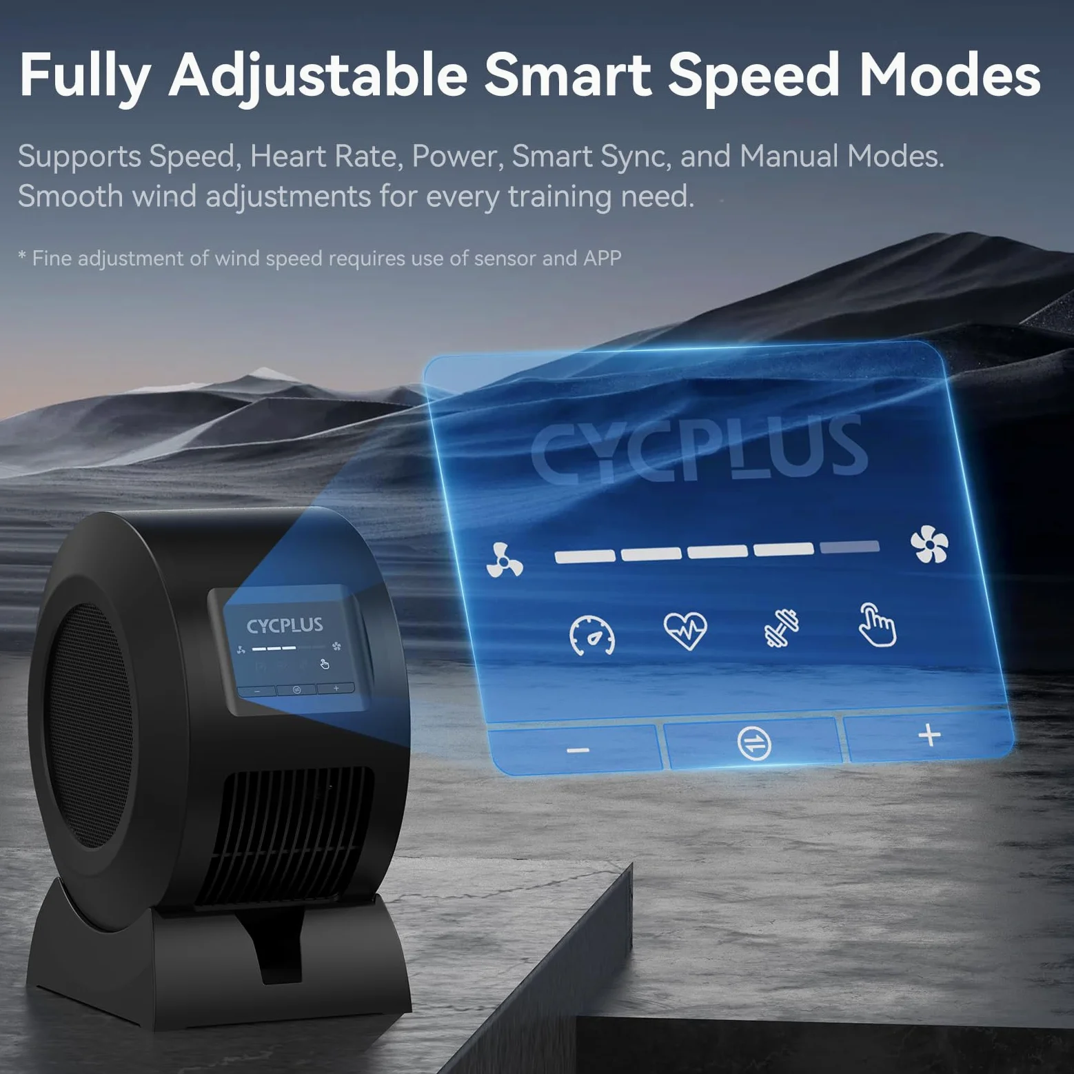 CYCPLUS - Ventilatore intelligente per ciclismo indoor, motore BLDC, 5 modalità vel., telecomando e controllo app, Bluetooth/ANT+, basso rumore per allenatori