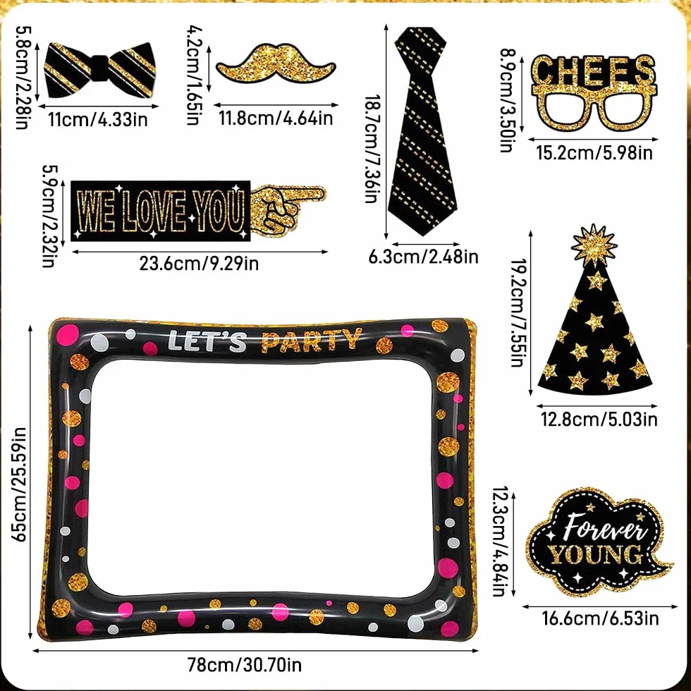 37 Pezzi Cornice per Foto Compleanno, Oro Nero Photo Booth Kit, Cornice per Selfie, Accessori Fai da Te per Festa