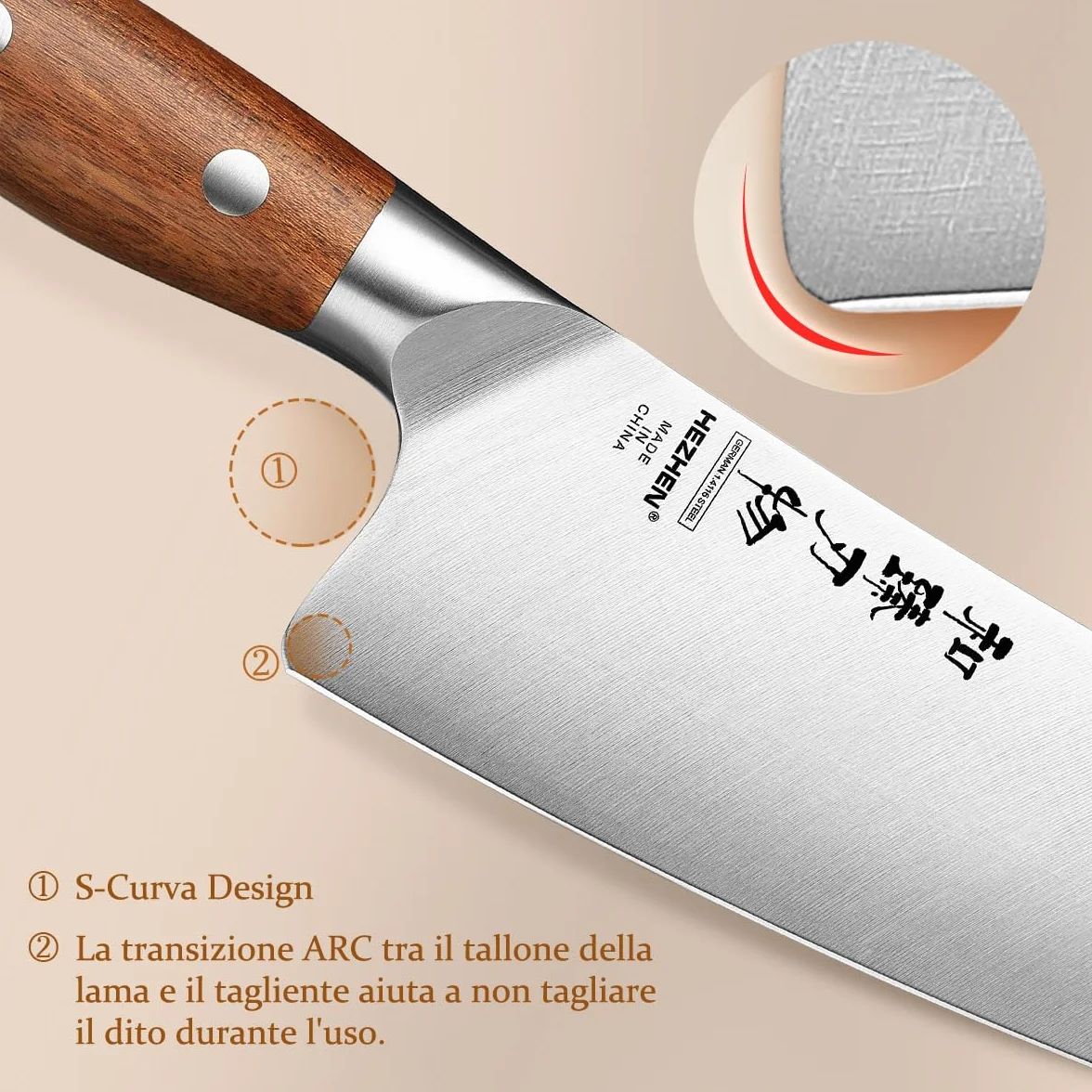 Coltelli da Chef HEZHEN 21cm Acciaio German DIN1.4116 Full Tang Manico Redwood