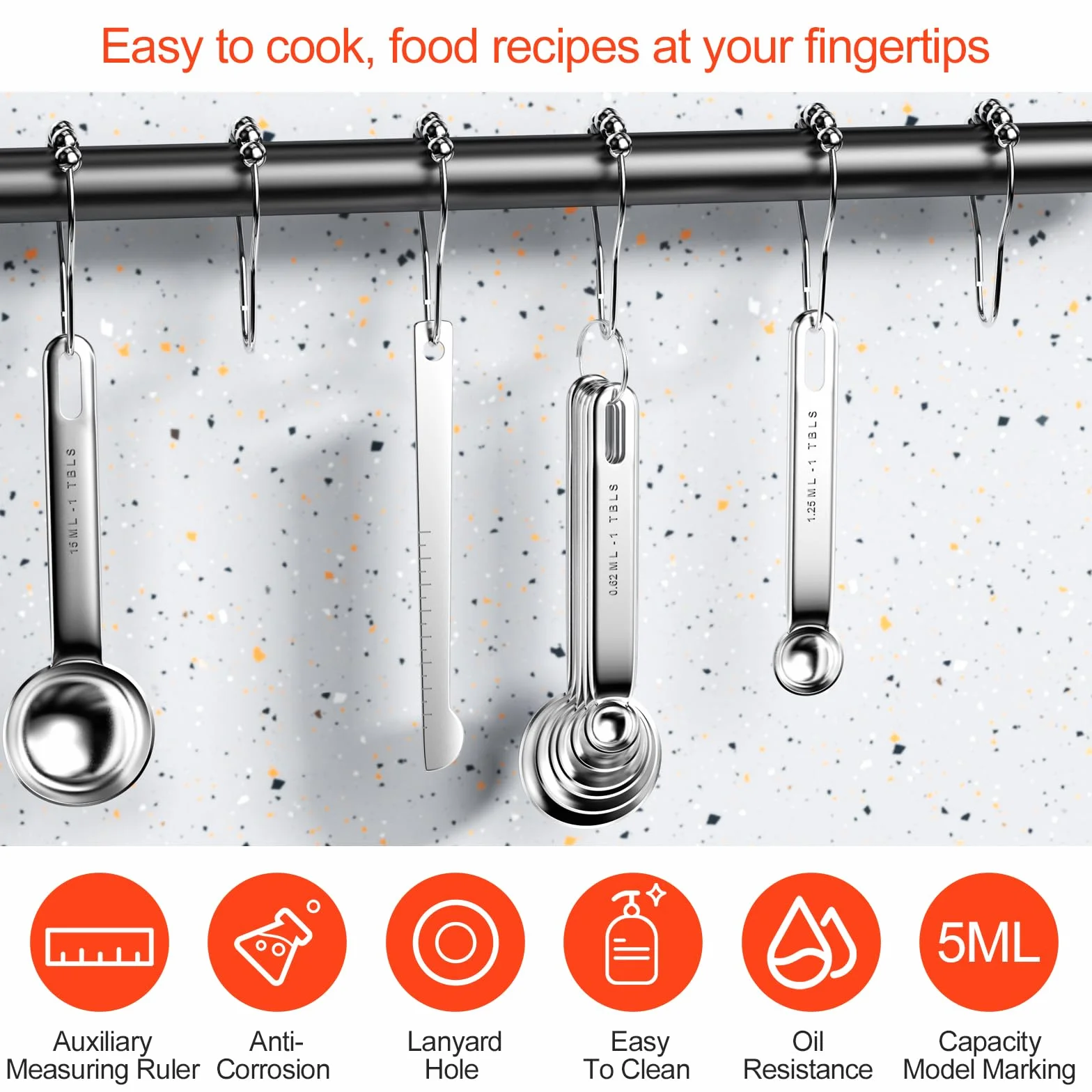 Fousenuk 7 pezzi Cucchiai Dosatori, Misurini Cucina Set in Acciaio Inox 304 con 6 Misurini Cucchiai e 1 Righello, per Culinaria e Pasticceria, Cucchiai Dosatore per Misurare Solidi e Liquido