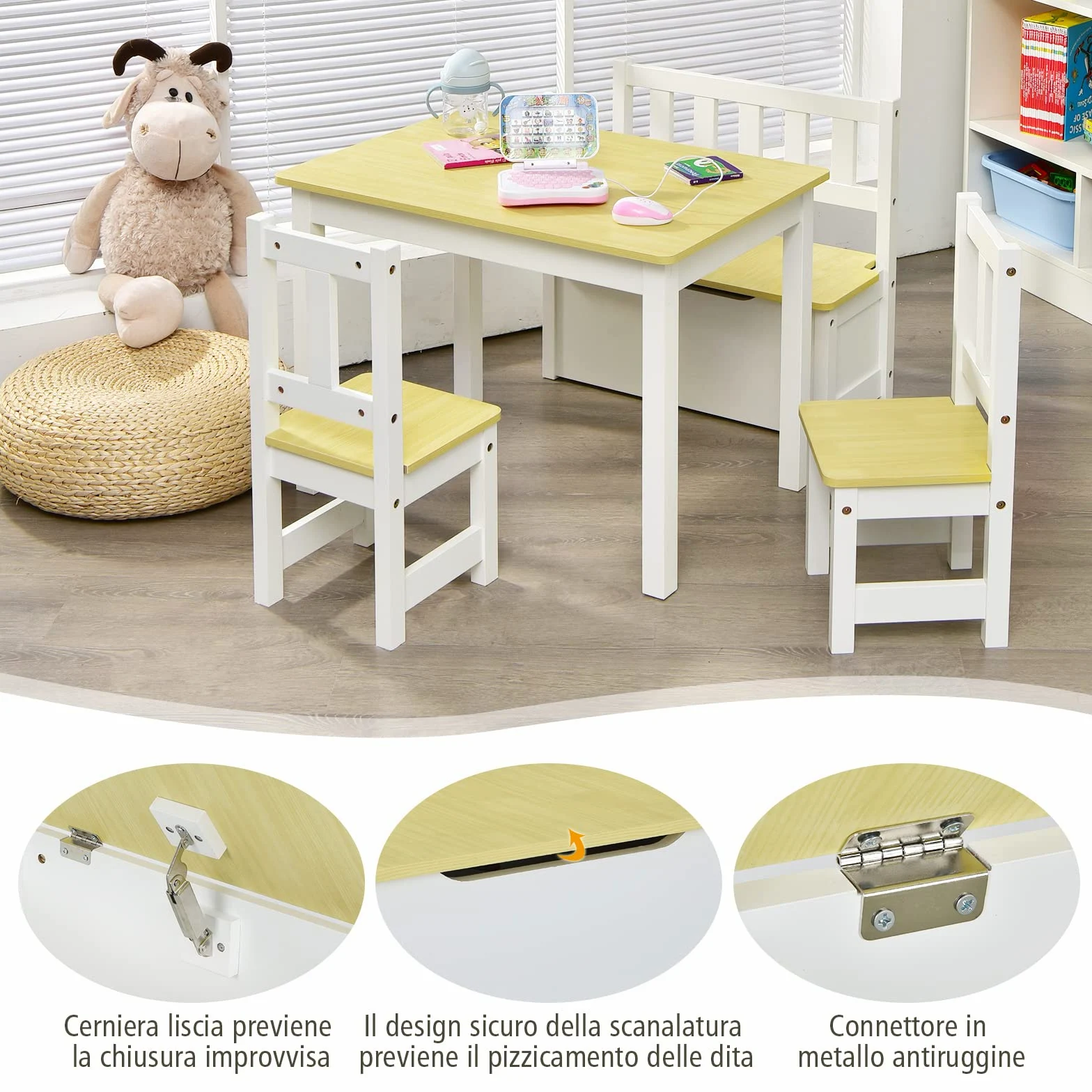 COSTWAY Set 4 Pezzi Tavolo e Sedie per Bambini, 2 in 1 Tavolino Attività di Legno per Bambini con 2 Sedie e 1 Panca, per Giocare Disegnare Leggere e Mangiare (Naturale)