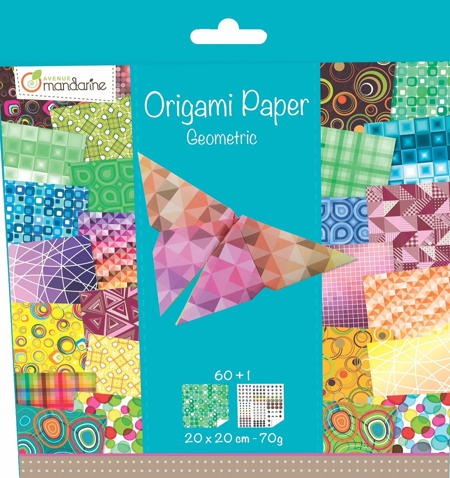 My Mandarine 52501MD Fogliorigami 20x20 cm 70G 30 motivi x 2 fogli + adesivi occhi geometrico