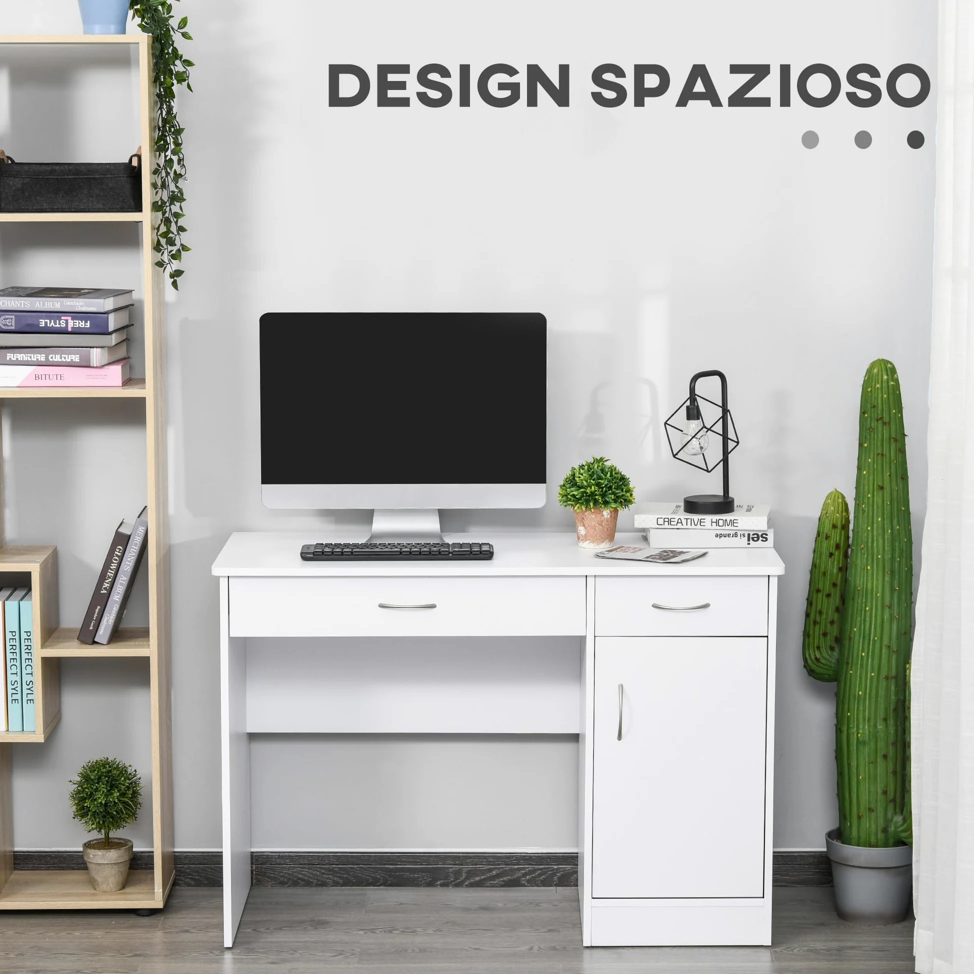 HOMCOM Scrivania Moderna per PC e Computer con 2 Cassetti e 1 Armadietto, Scrivania con Libreria Salvaspazio per Ufficio o Camera in Legno, Bianco