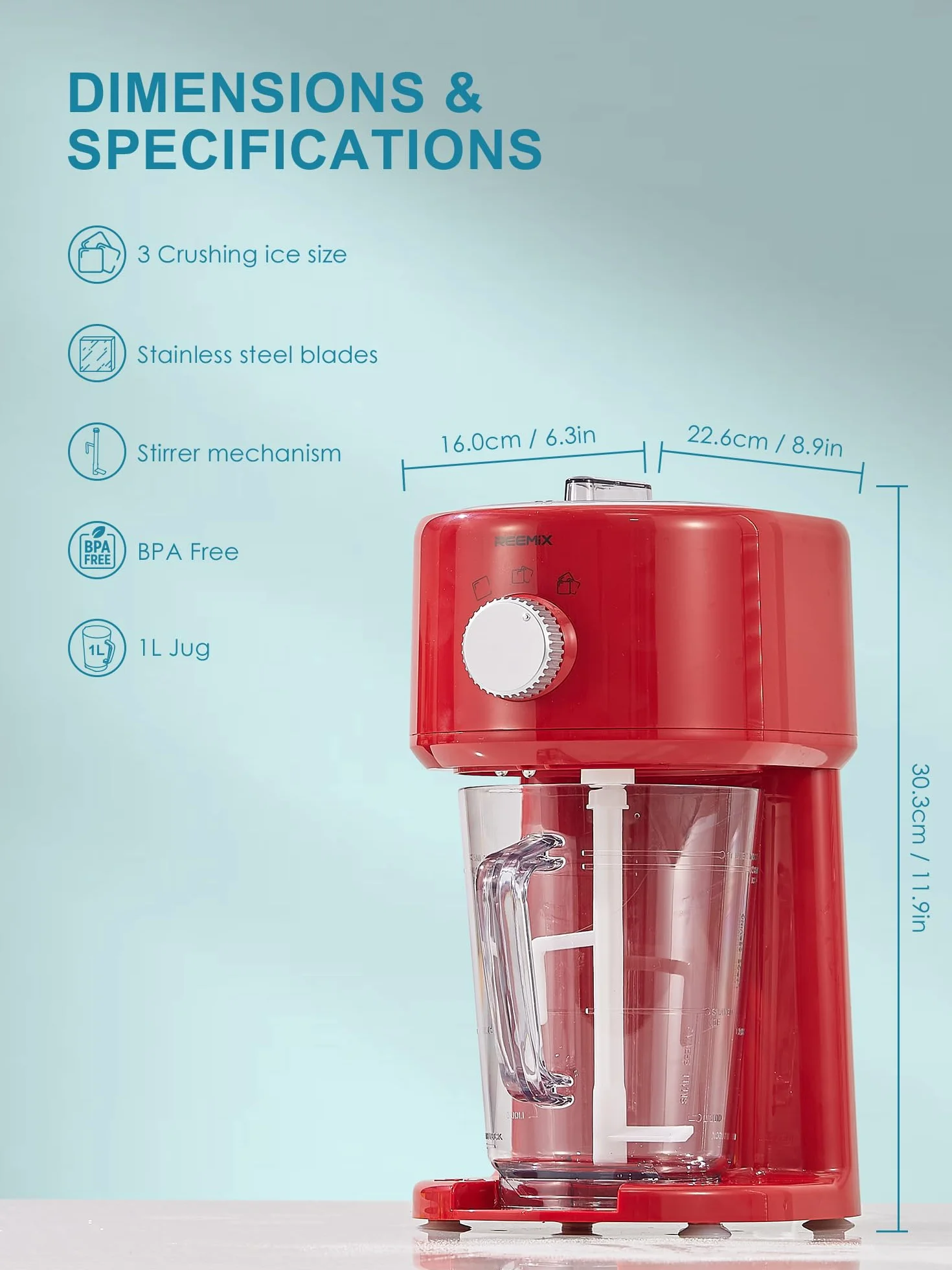 Reemix Tritaghiaccio Elettrico per Granite, 3 Modalità, Lame Acciaio Inox, Rosso