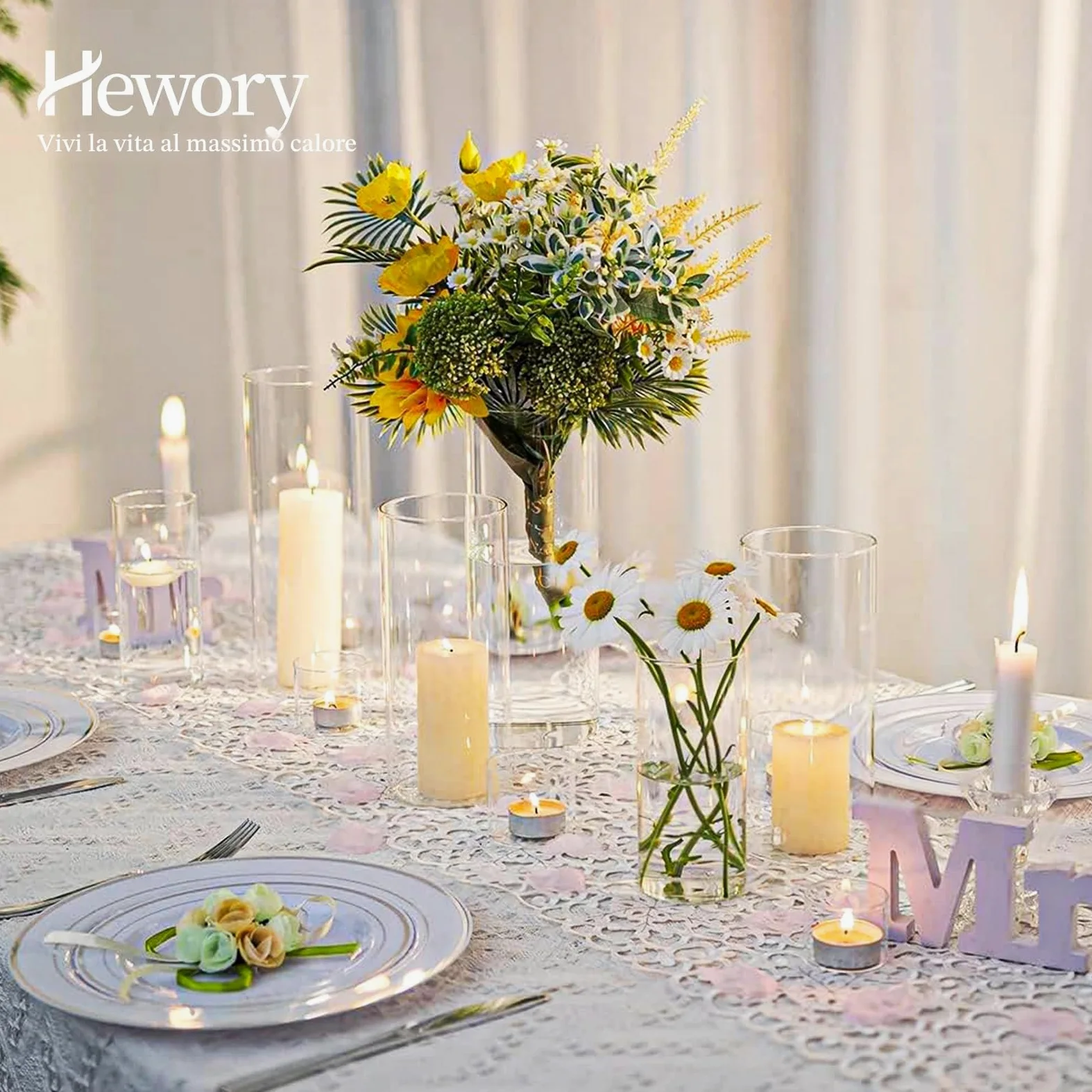 Portacandele Vetro Vaso Candele Galleggianti: Hewory Set di 12 Porta Candela Cilindrici in Vetro Trasparente Vasi per Centrotavola Decorative Cilindrico Candelabro