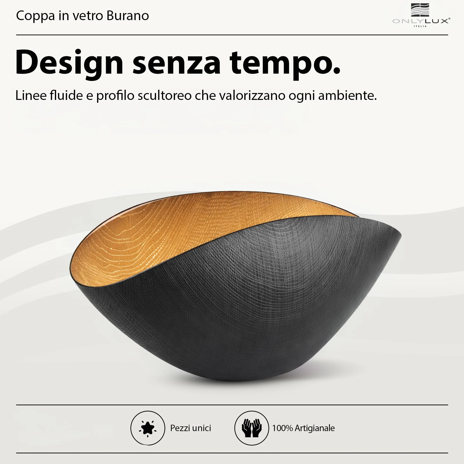 Onlylux Coppa Burano in Vetro Centrifugato Decorato a Mano - Centrotavola Decorativo 28 x 9,5 cm - Coppa in Vetro Artigianale per Arredo Casa - Nero Mat Oro