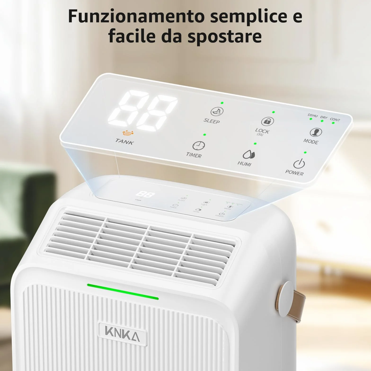KNKA Deumidificatore, Deumidificatori Casa Muffa, 16L/24H, Serbatoio 3,3L, Basso Rumore, Basso Consumo, Sbrinamento Automatico, Blocco Bambini, Design Anti-Goccia, 4 Modalità, 80m³（32㎡）