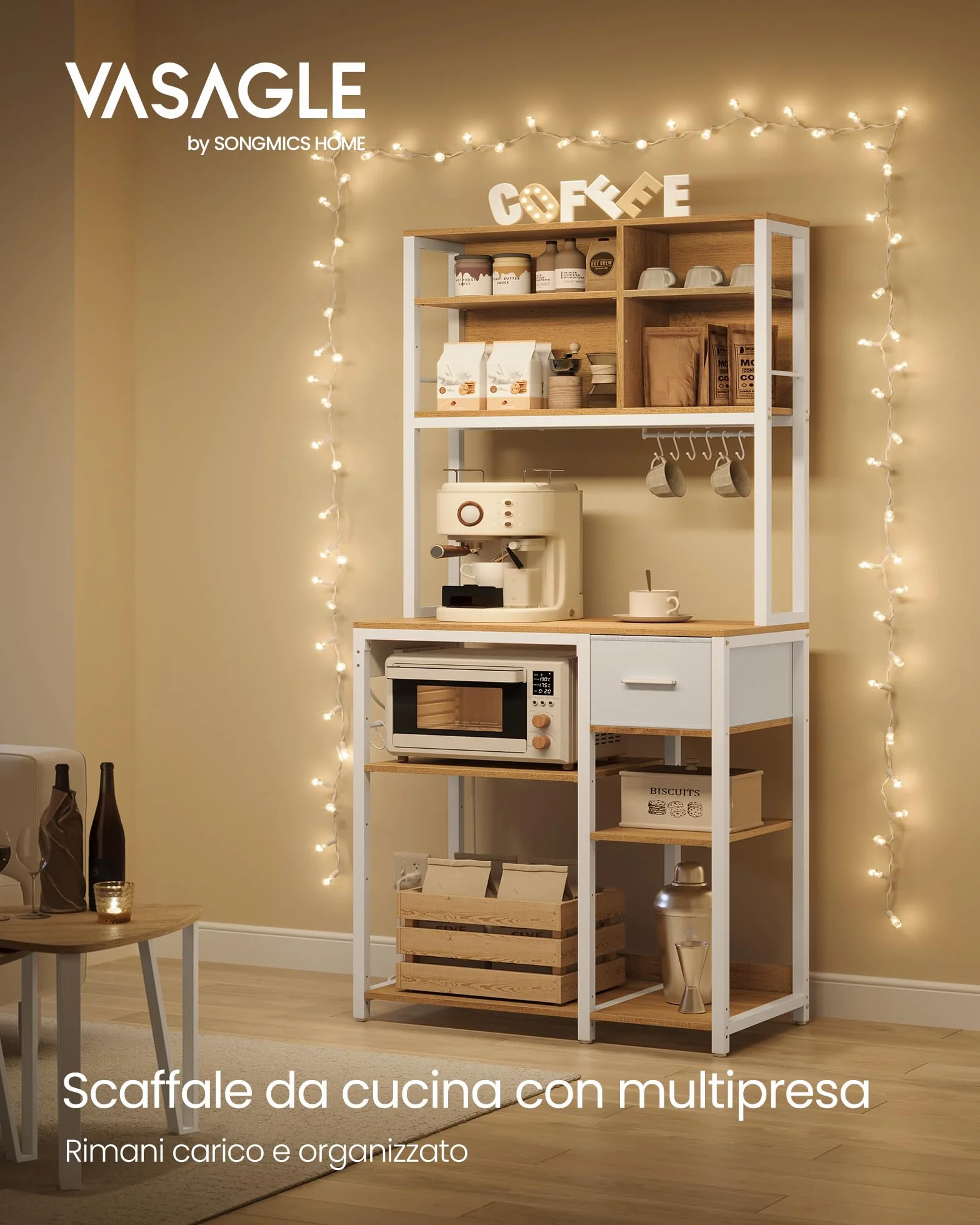 VASAGLE Scaffale Cucina con Multipresa, Mobile Cucina 40x80x180,4 cm, Ripiani Regolabili, Rovere Dorato e Bianco Nuvola