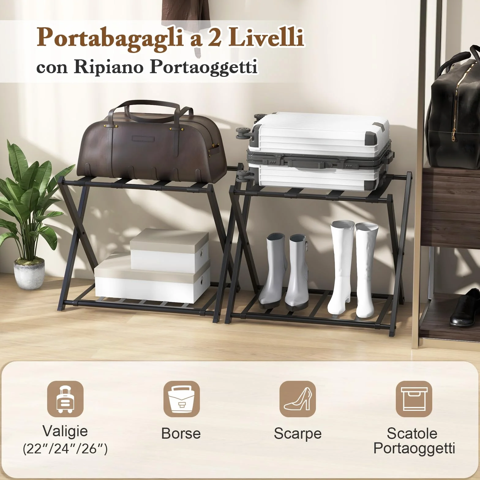 COSTWAY Portavaligie Pieghevole 2 Ripiani, Cavalletto da Valigie w Metal, 68 x 43 x 56 cm, Nero