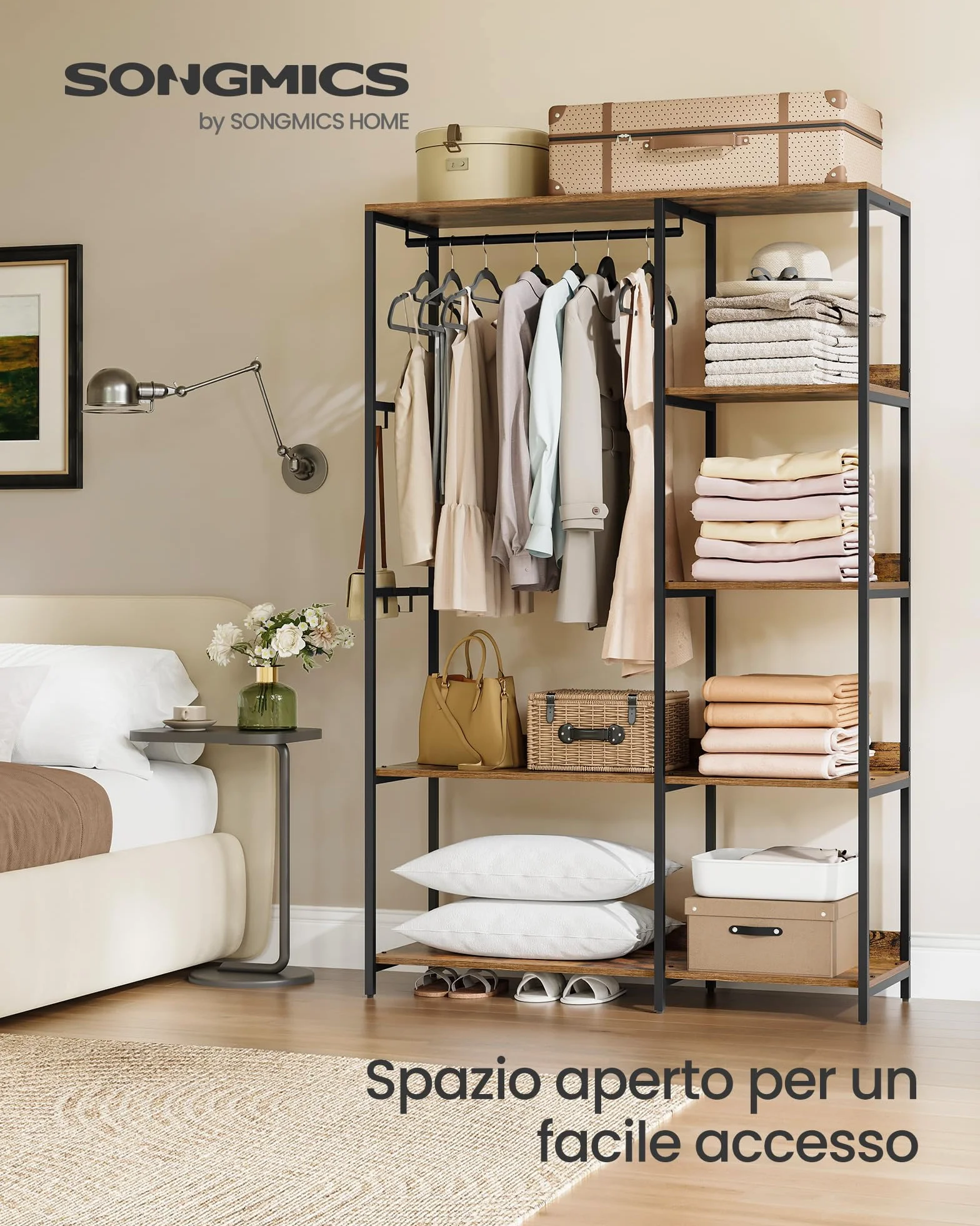 SONGMICS Armadio Aperto con Aste e Ripiani, 98 x 40 x 181 cm, Marrone Vintage RGR024B01