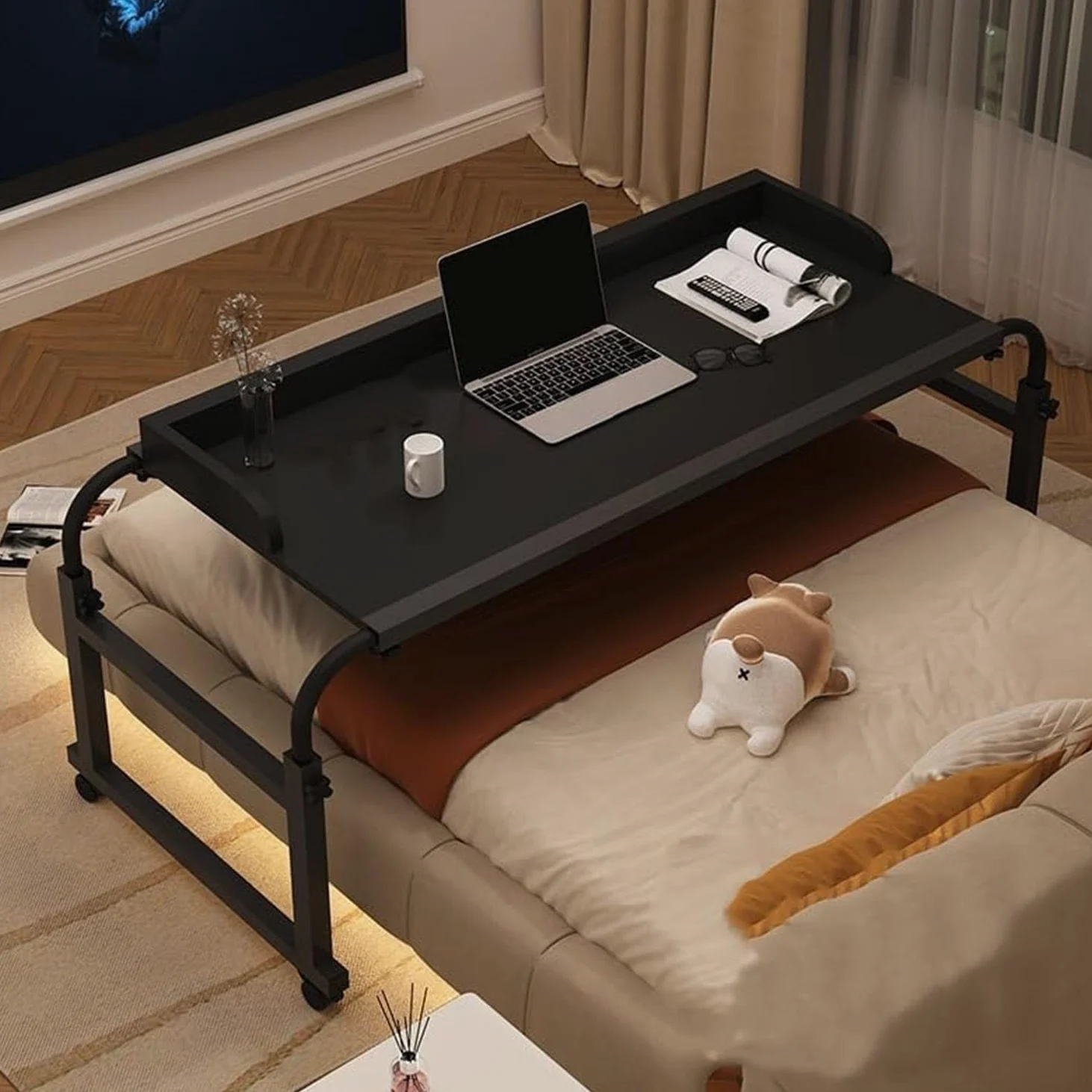 Letto di Cura Mobile con Tavolo a Croce, Scrivania per casa e Ufficio con Ruote e Altezza Regolabile Tavolo Medico(Color:Nero)