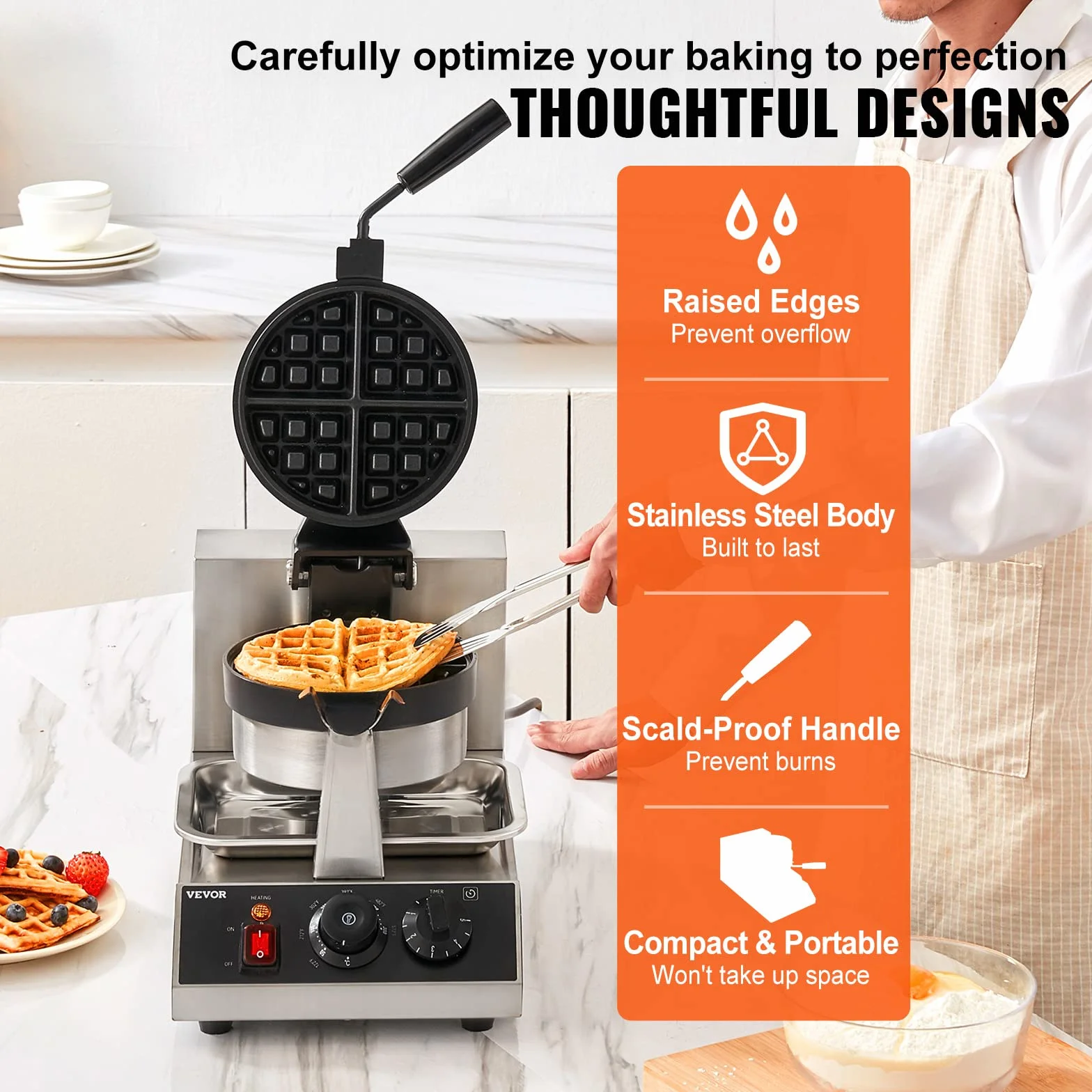 VEVOR Macchina per Waffle Belga Rotondo in Acciaio Inox Antiaderente 1300W Temperatura Controllata 50℃-300℃, Macchina Waffle Piastra Doppia Antiaderente Teglia 190,5 mm con Manico Girevole in Acciaio