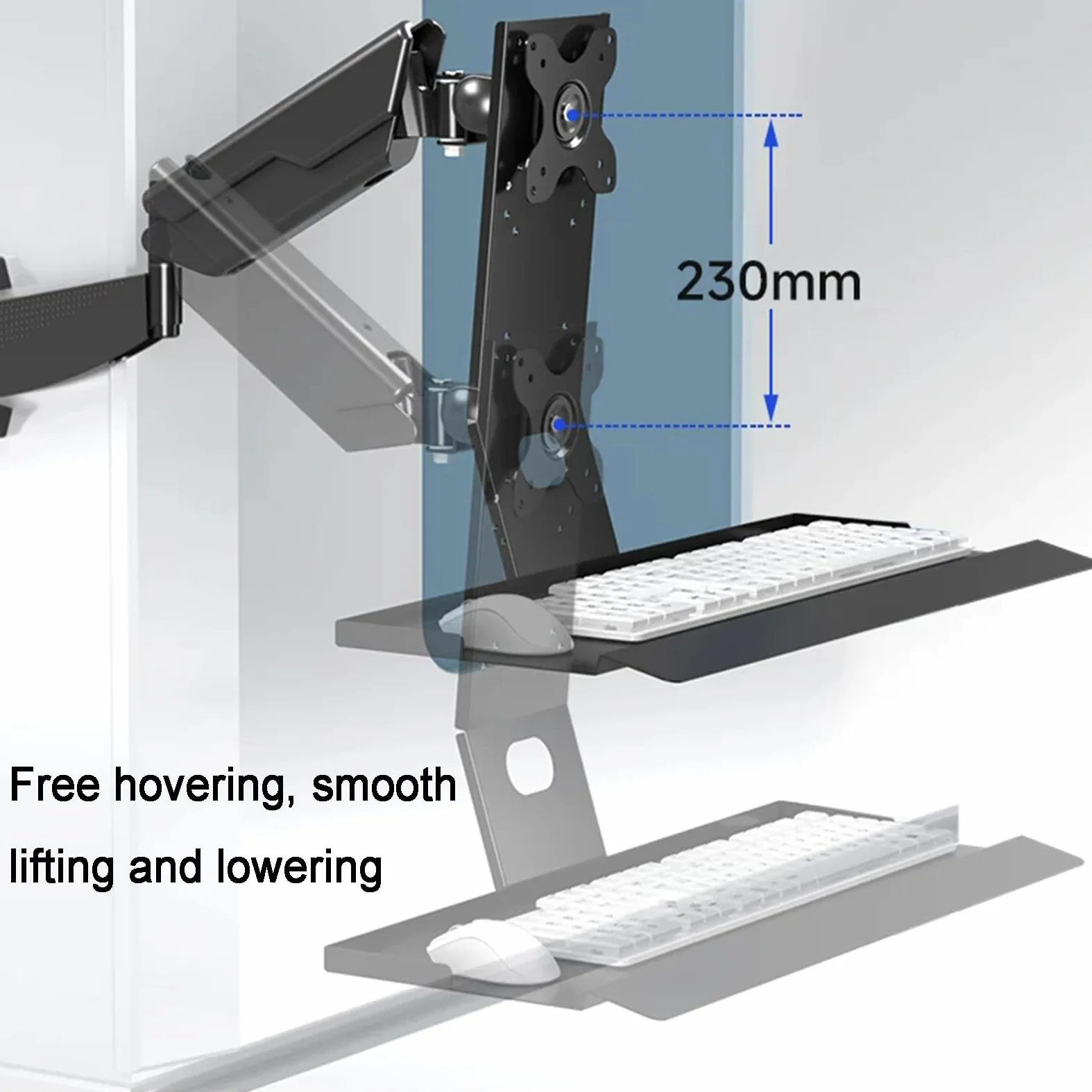 Postazione di lavoro sit-stand da parete per monitor singolo e tastiera, braccio con molla a gas, altezza e angolo regolabili, carico massimo 22 kg, adatto a display da 17"-35"