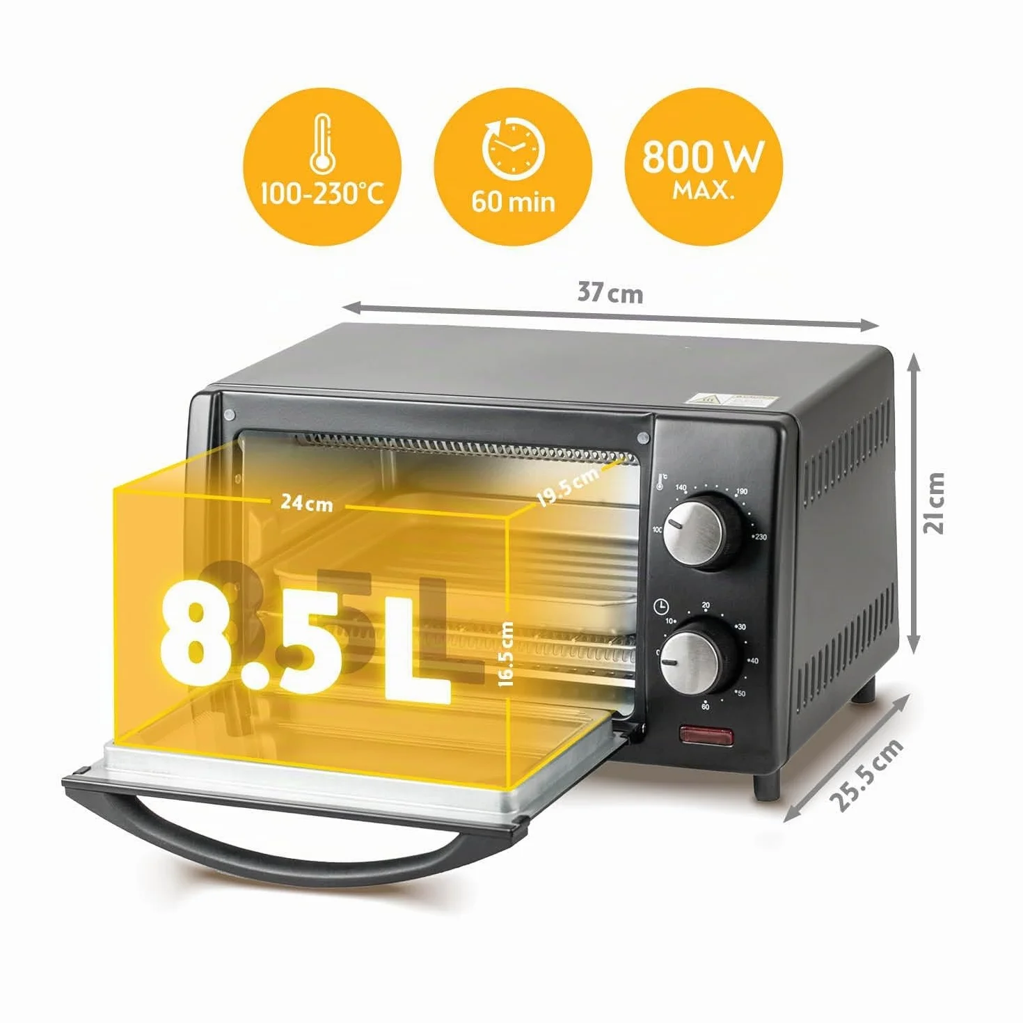 Forno Mini 10L 800W First Austria Fornetto con regolazione temperatura 230°C timer 60 min 2 altezze teglia griglia