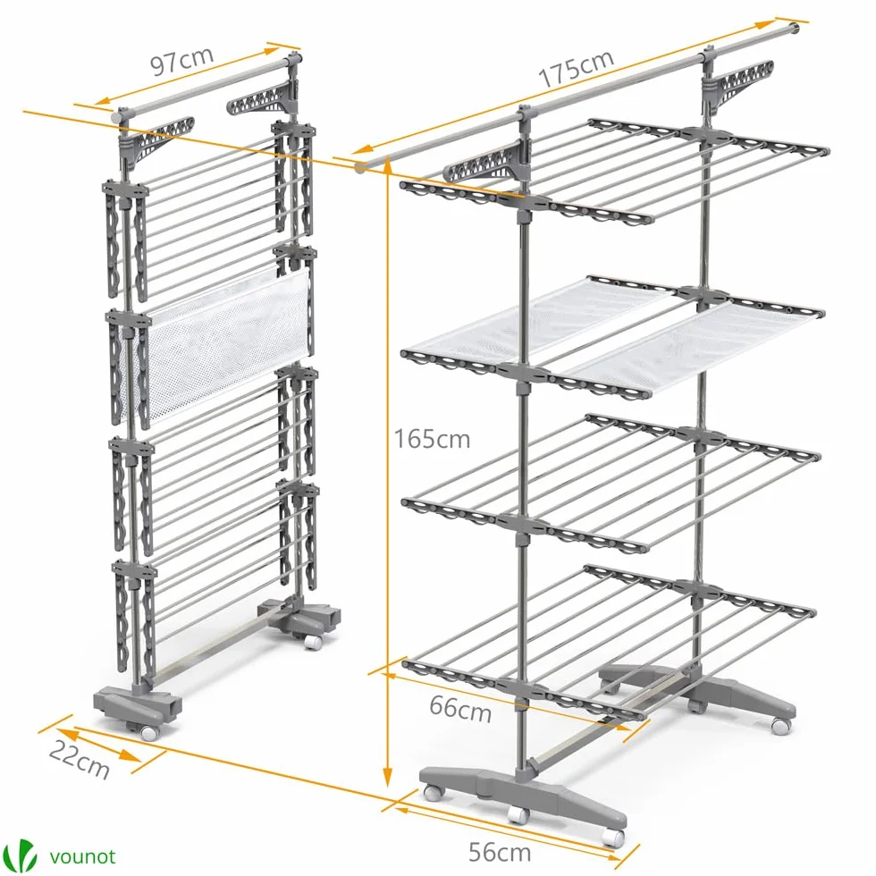 VOUNOT® Stendino Verticale a Torre, Stendibiancheria Pieghevole in Acciaio Inox con Ripiani Regolabili, 6 Ruote e Rete Asciugatura, 4 Livelli