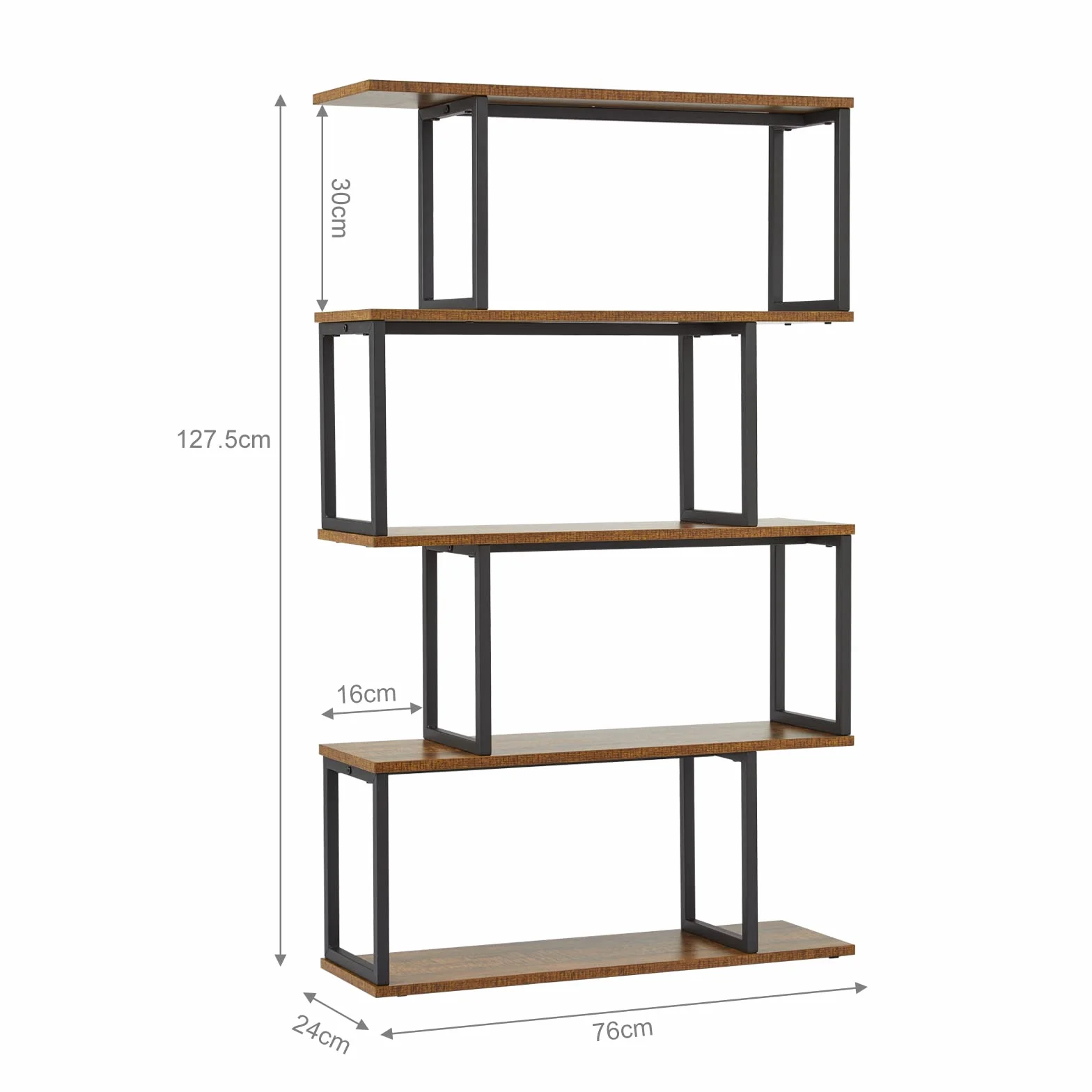 Mondeer Libreria a forma di S, Scaffale Portaoggetti, Libreria a 4 Ripiani, Libreria in Stile Industriale, con Struttura in Metallo, 76 x 24 x127.5cm, per Soggiorno e Ufficio, Marrone