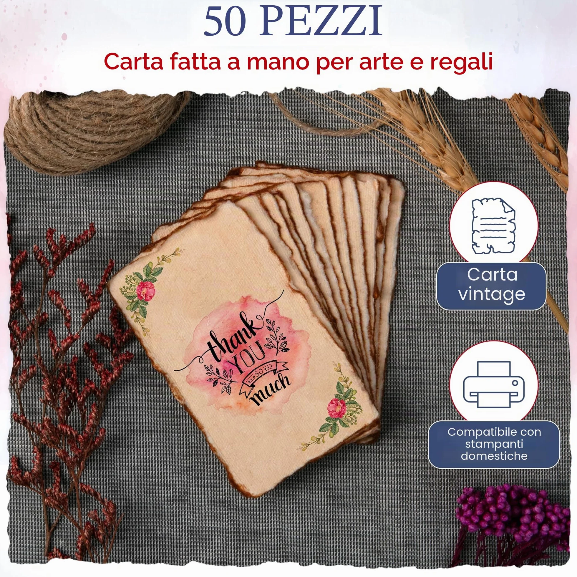 Wanderings Vintage Handmade Deckle Edge Cards 2x3.5 inch 150 GSM 50 Pack Blank Cards