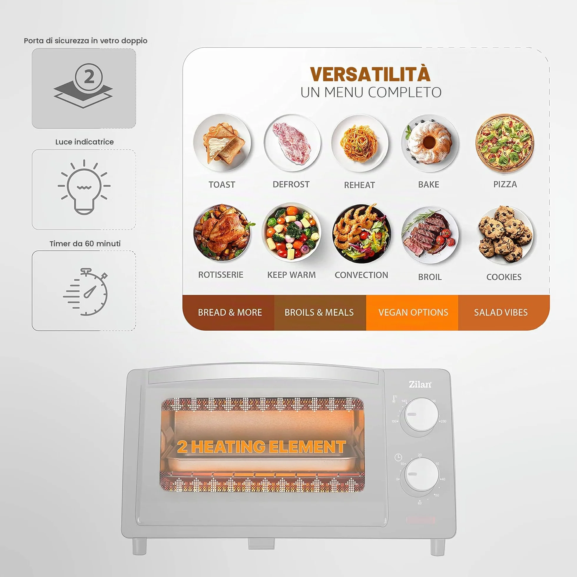 Forno Elettrico 9 Litri 800 Watt Doppio Vetro Timer Zilan