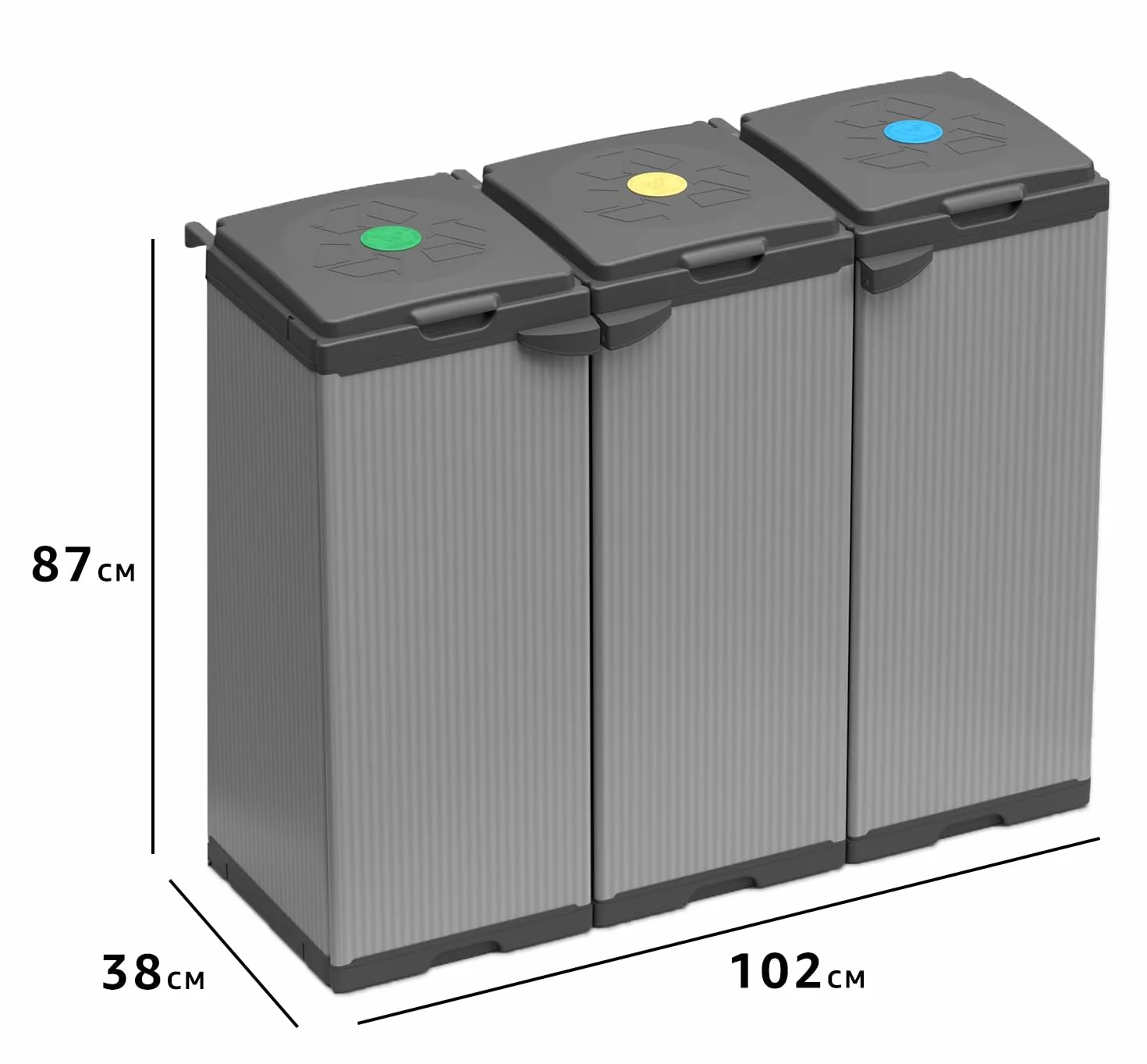 Armadietto Pattumiera Tris 240 Lt da Esterno 3 Ante 3 Vani,102x38x87h cm Coperchi Ferma Sacco – Raccolta Differenziata, Montaggio Senza Viti, Resistente – Made in Italy