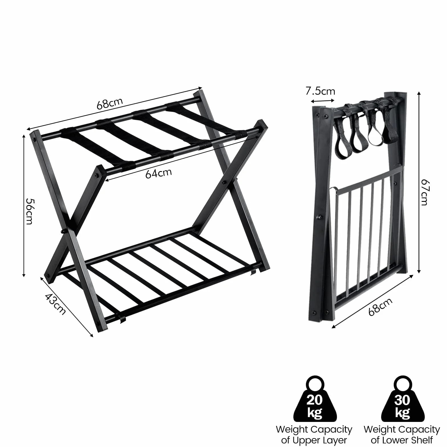 RELAX4LIFE Portavaligie Pieghevole 68x43x56 cm Portata 80 kg Nero