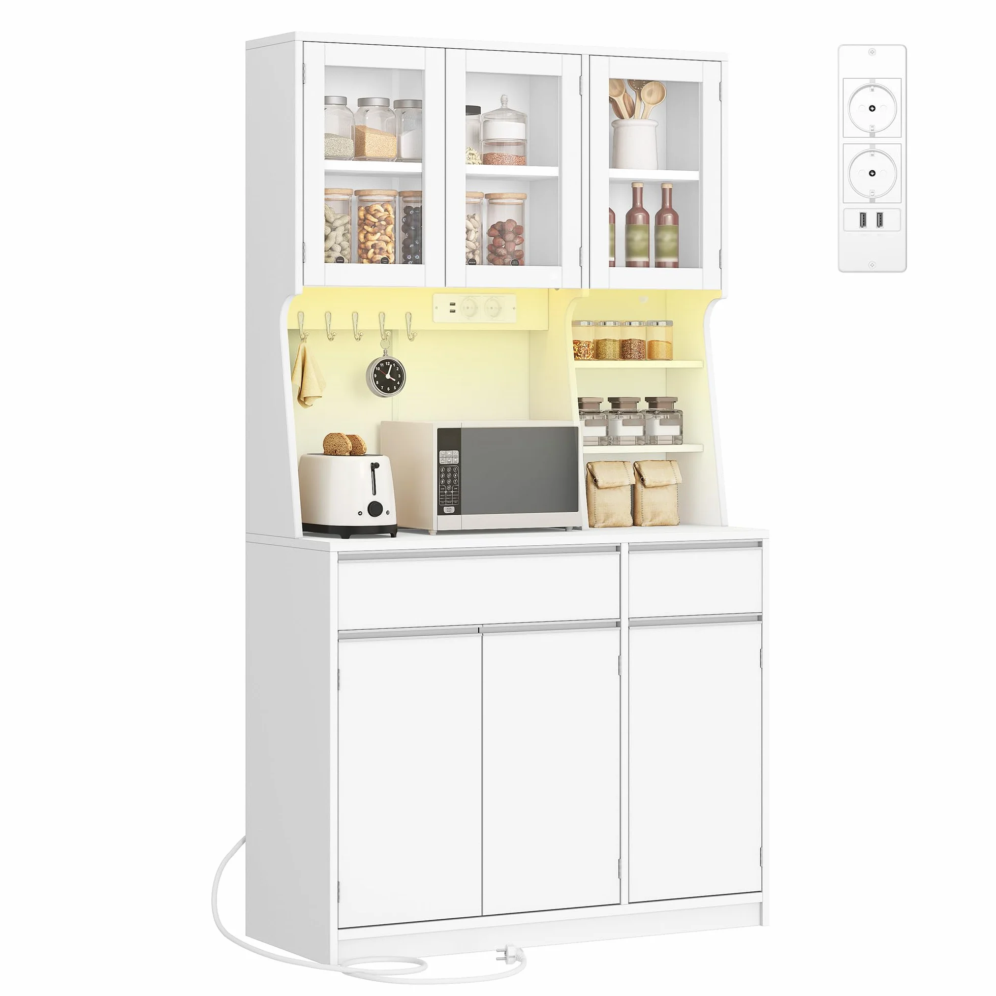 Hzuaneri Credenza cucina, mobile buffet, armadio domestico con multipresa e striscia luminosa a LED, piano di lavoro e 2 cassetti, ripiani regolabili, cucina, soggiorno, 40x100x180cm, Bianco