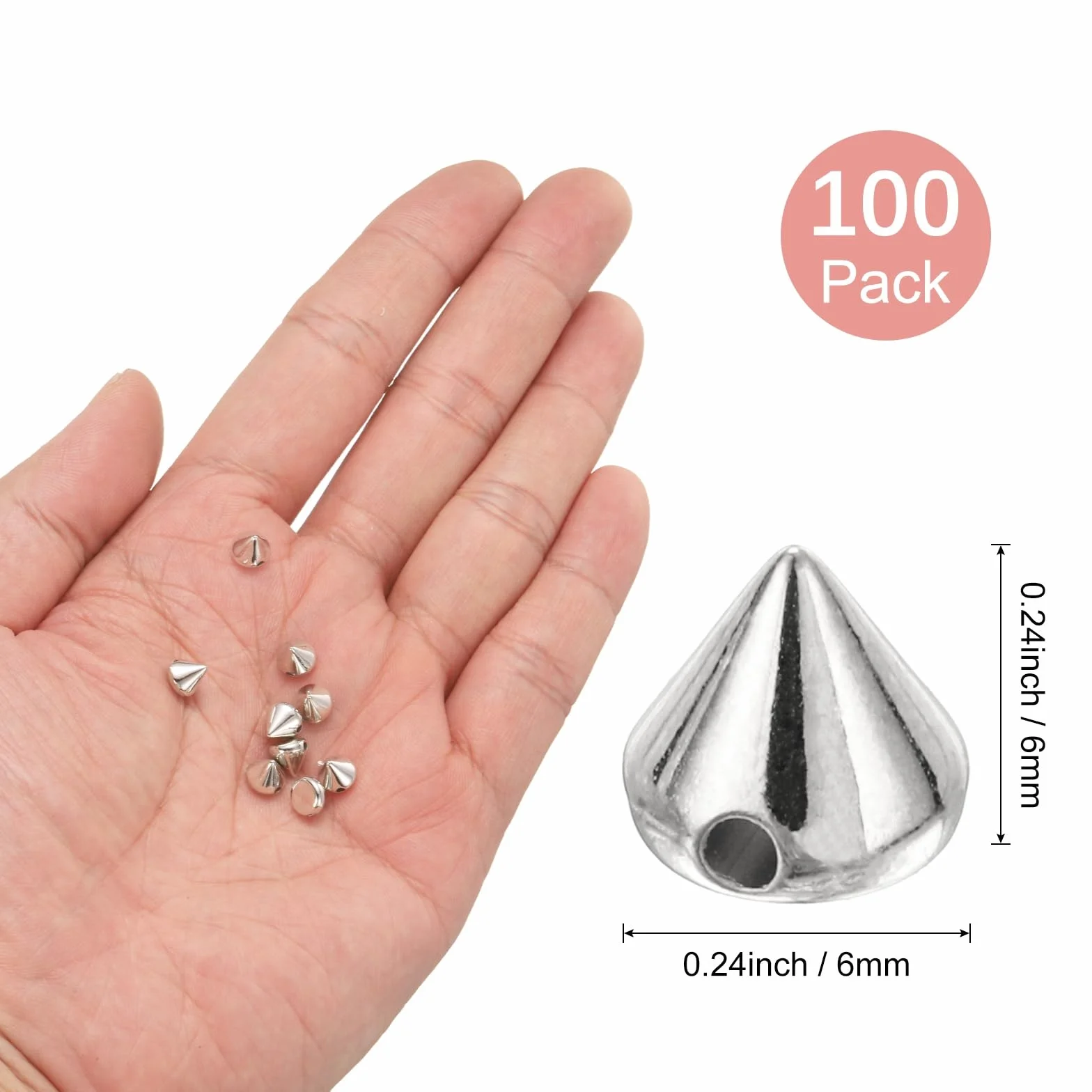 M METERXITY 100 Pezzi Borchie coniche 6x6 mm in plastica con Dorso Piatto, Stile Punk, Argento