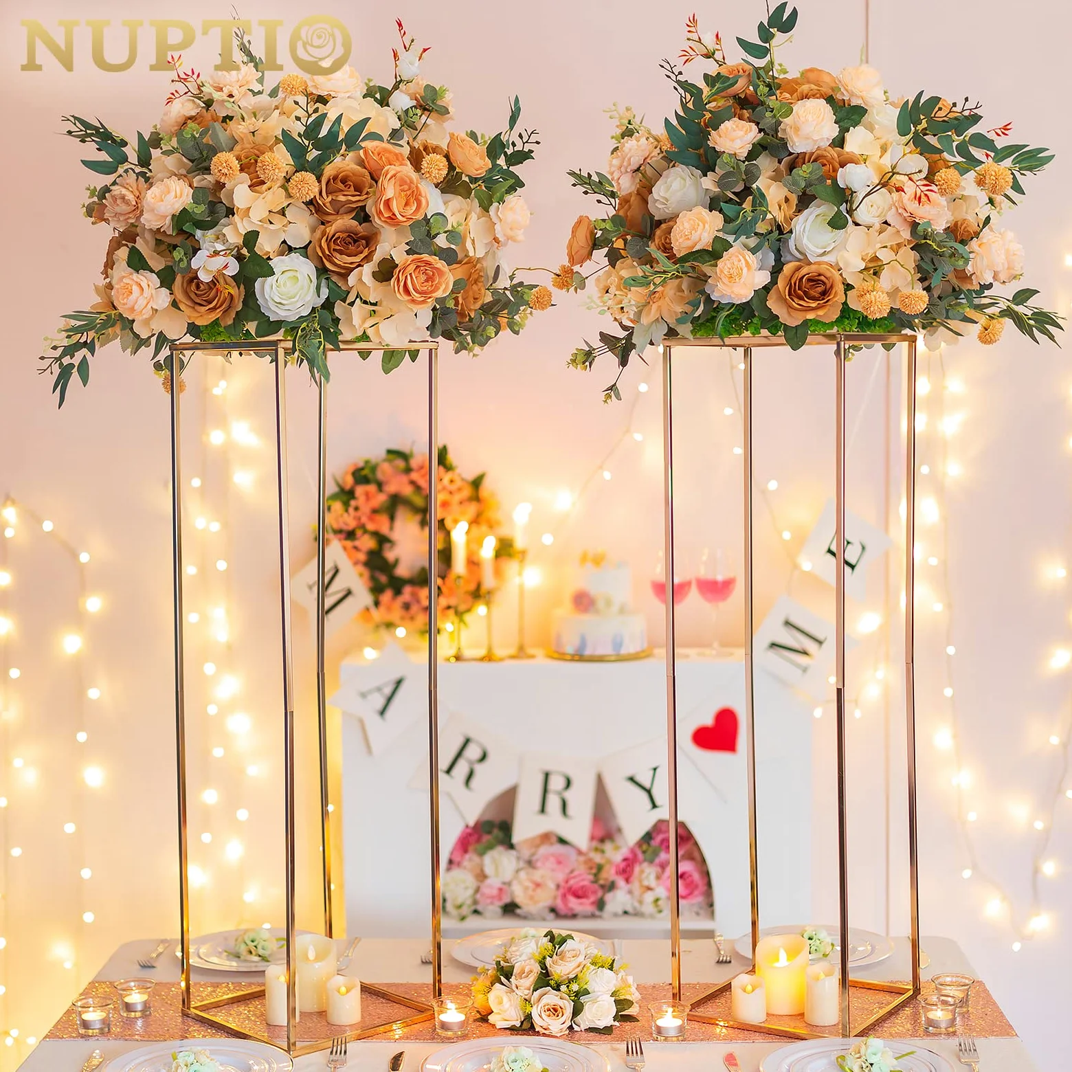 NUPTIO Vaso Oro per Centrotavola Matrimonio: 2 Pezzi Vasi Fiori Alti 100cm Colonna con Pannello Acrilico Rettangolare Metallo Porta Fiori per Decorazioni Feste Compleanno - Espositori Geometrici