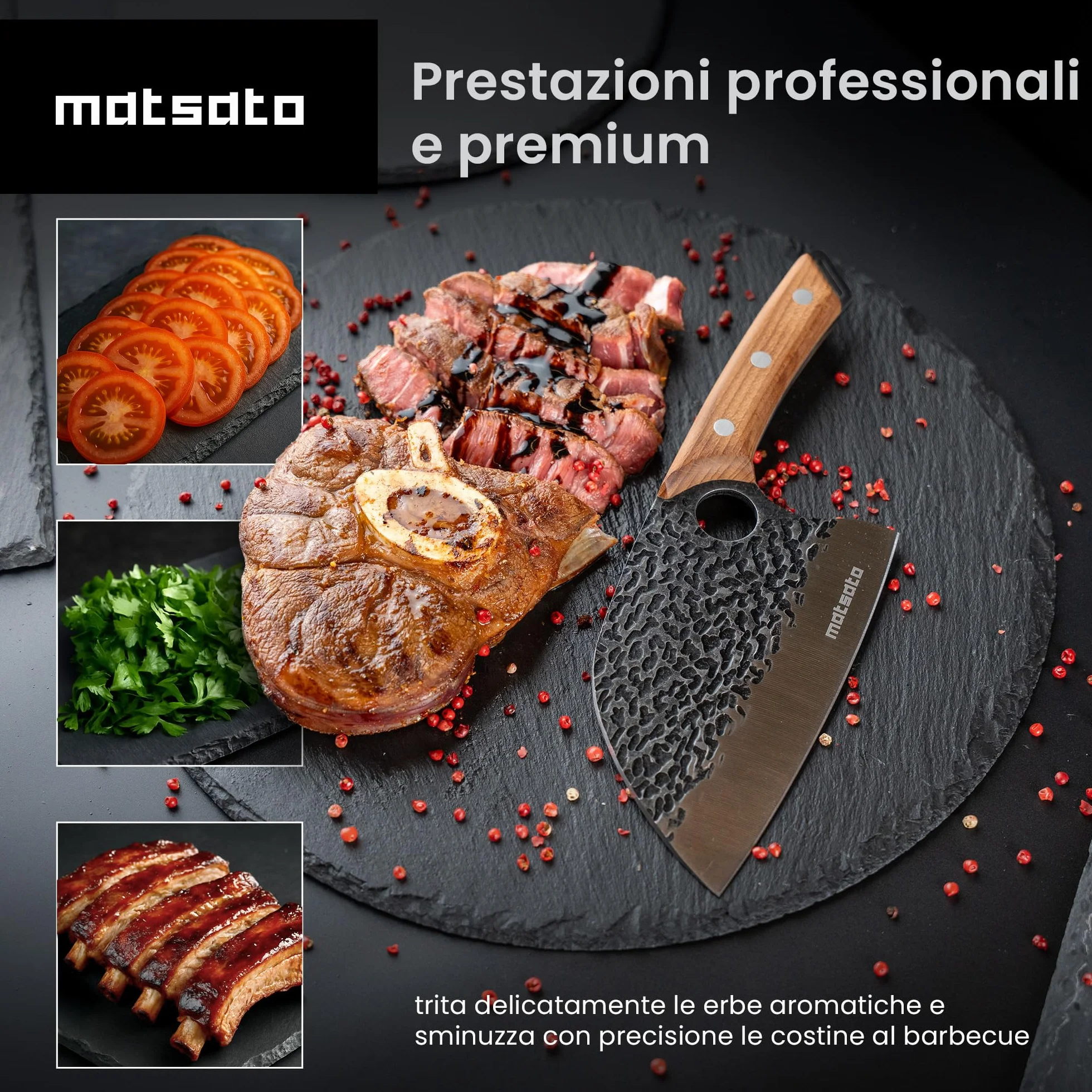 Matsato Mannaia da Cucina Professionale in Acciaio Giapponese - Coltello Mannaia con Lama 15 cm, Manico in Faggio Carbonizzato - Per Carne, Verdure e Ossa da Macellaio