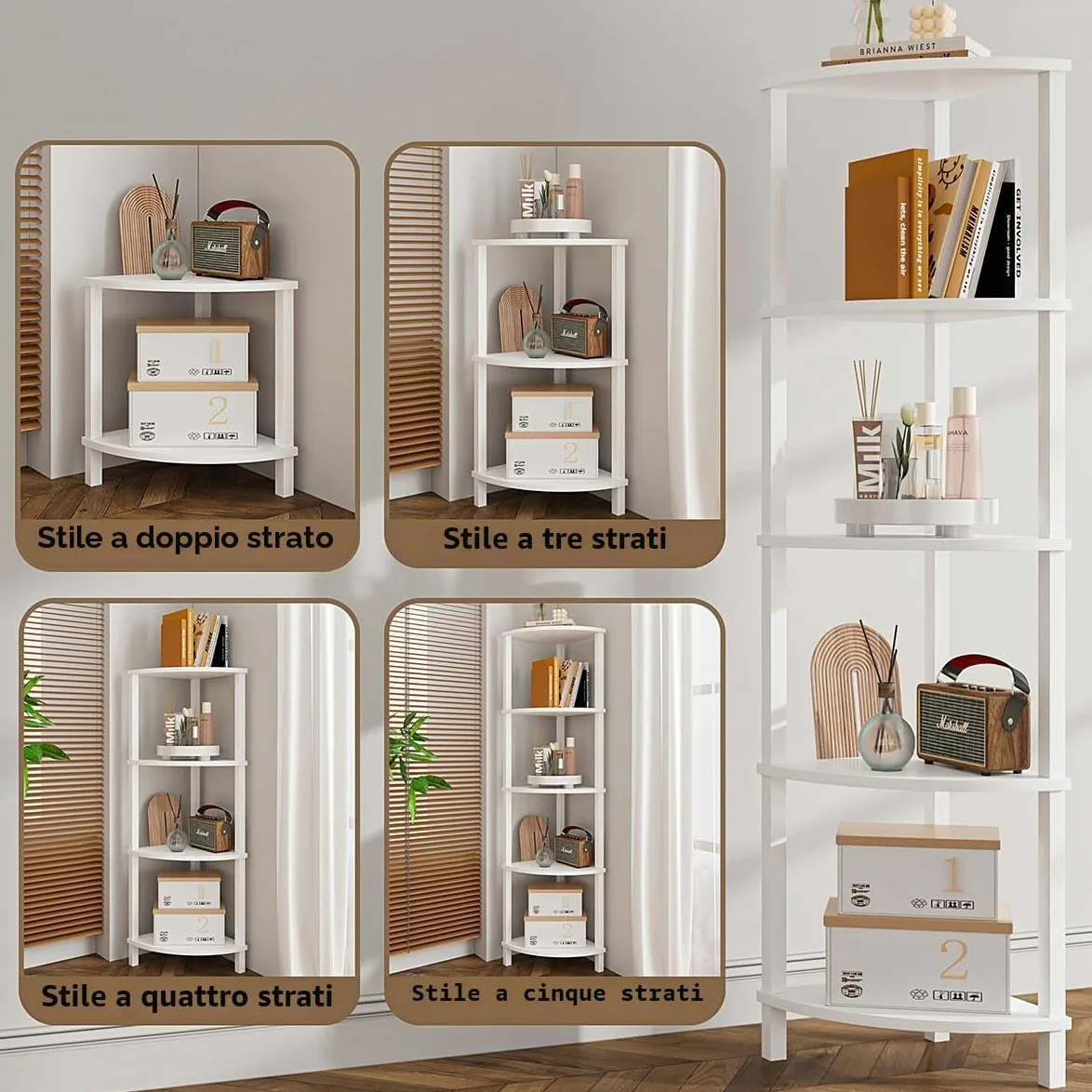 Scaffalatura Angolare, Libreria a 5 Livelli, Scaffale Scala, Scaffalatura per Piante, per Cucina, Soggiorno, Design Industriale, Vintage, Bianco JSJ001WV1